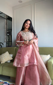 Shanaya Organza Emerald Necklaces Yoke Short Kurta With Plazzo- Baby Pink