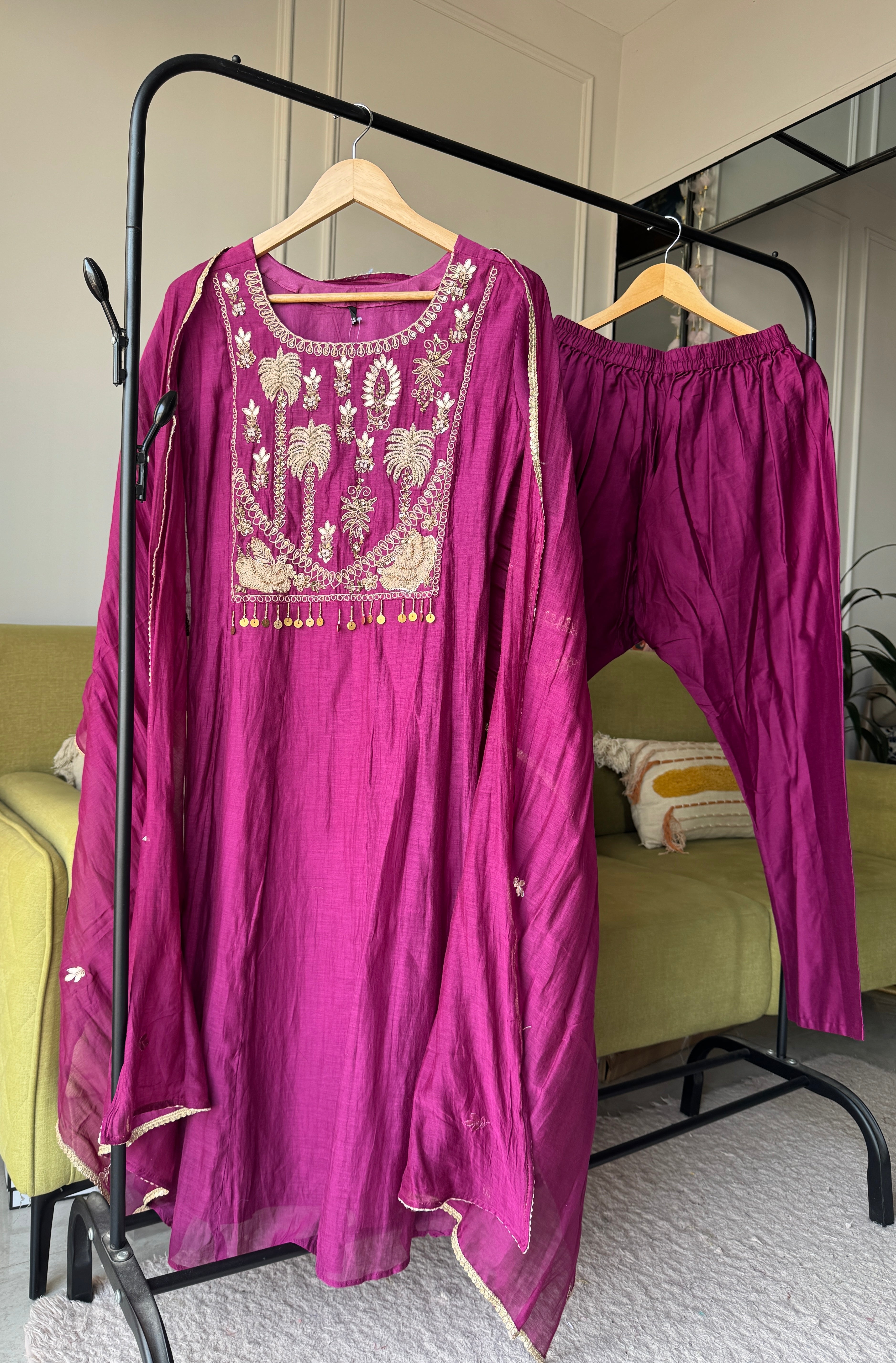 Pratima Mul Chanderi Handwork Dress- Wine