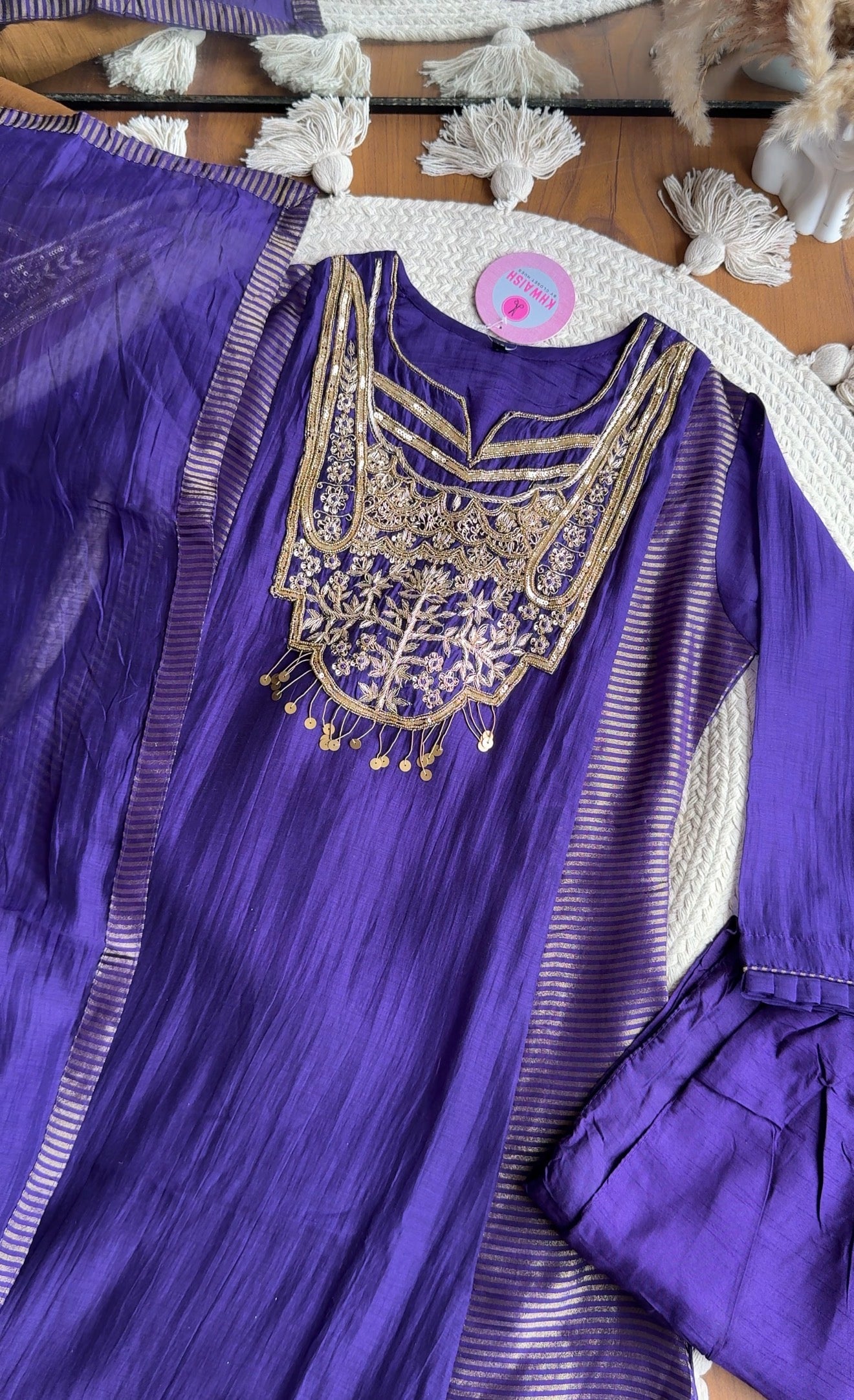 Simran Hand Zardosi Tissue And Mul Chanderi Aline Dress- Purple