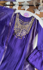 Simran Hand Zardosi Tissue And Mul Chanderi Aline Dress- Purple