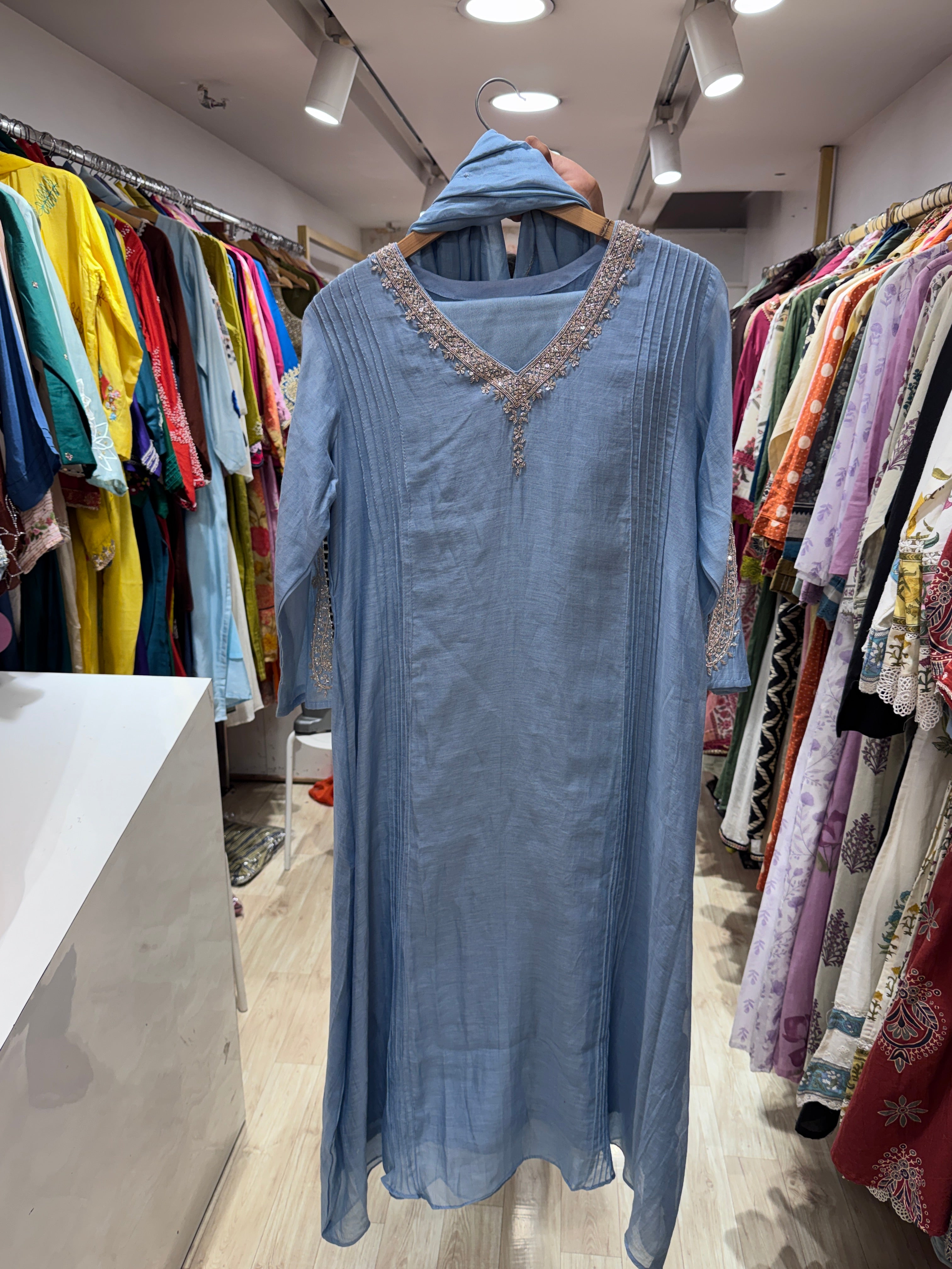 Tiya Mul Chanderi Handwork Dress- Powder Blue