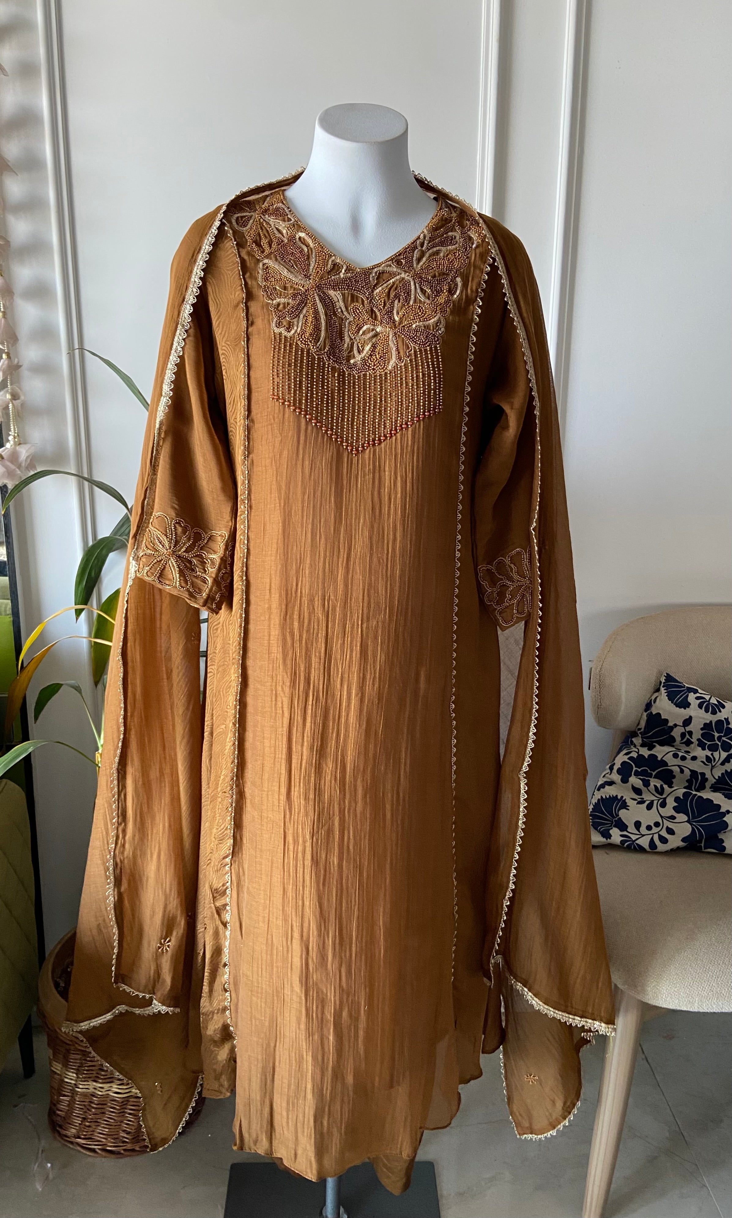 Lina Handwork Mul Chanderi Dress- Mehndi Green