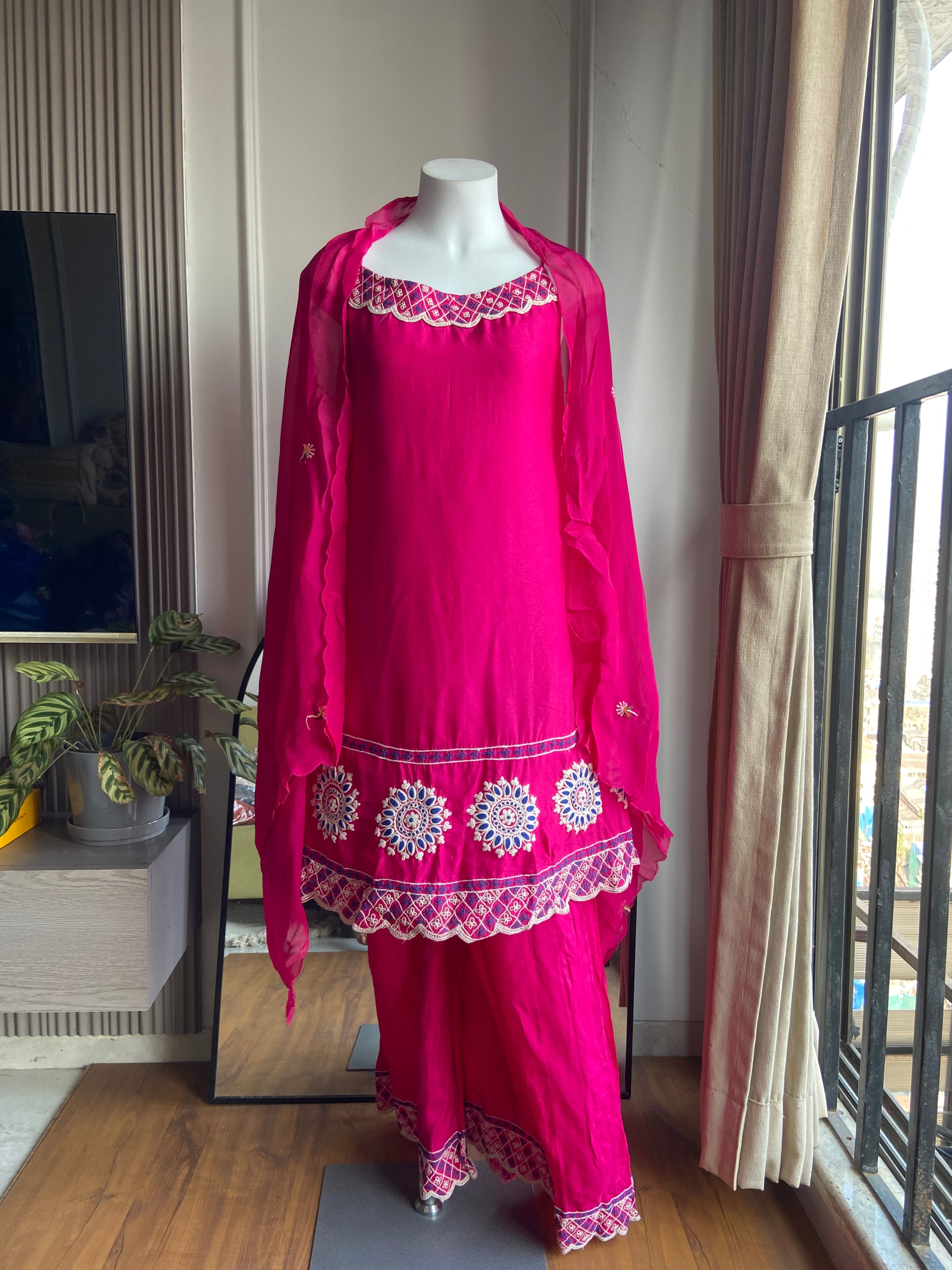 Pari singlet Aline embroidered plazzo dress- Rani Pink