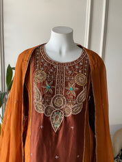 Esha Handwork Mul Chanderi Dress- Brown