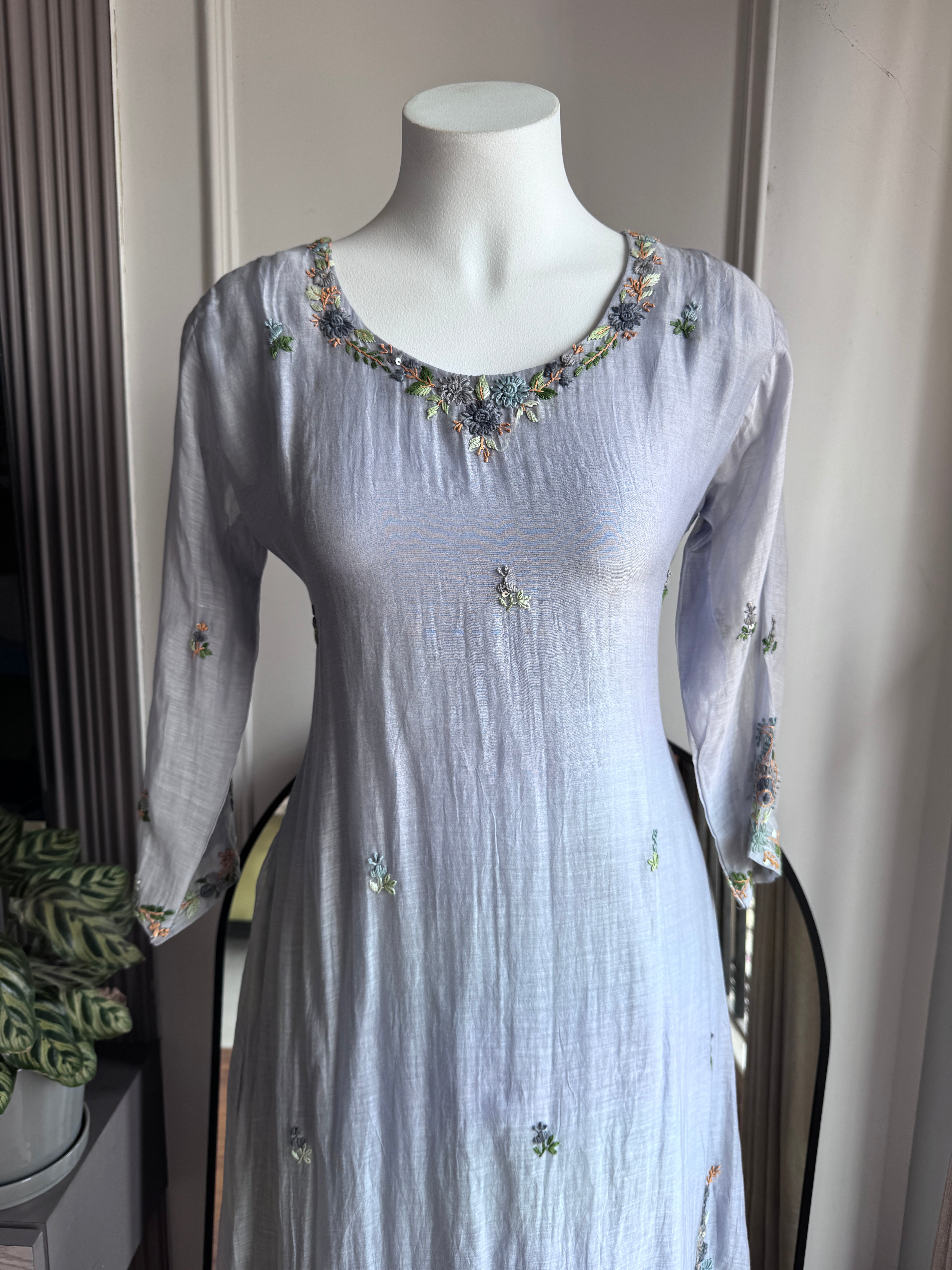 Hrida Katha Work Mul Chanderi Dress- Grey (Make to Order)