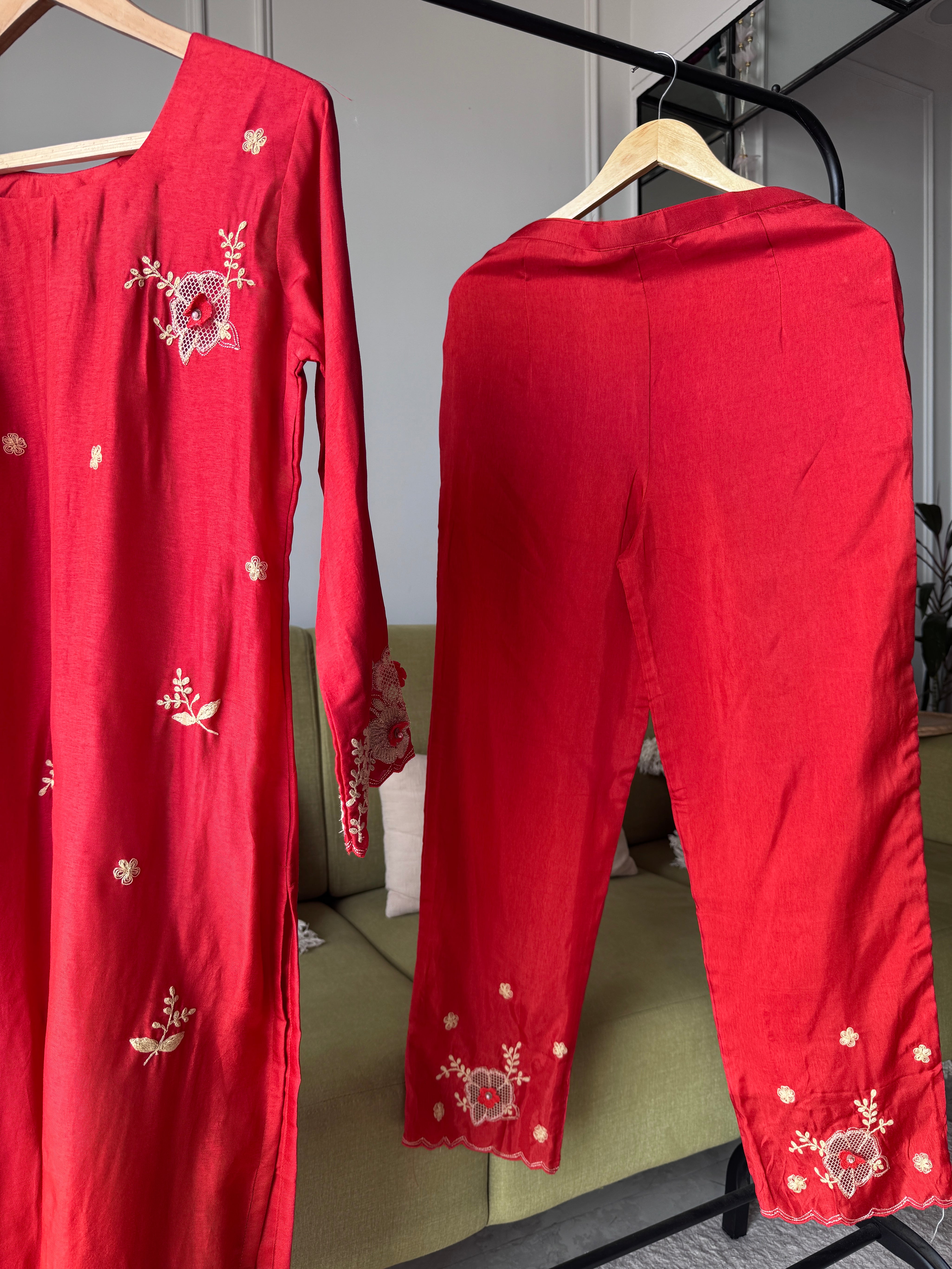 Rasika Embroided Russian Silk Dress-Rust