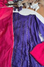 Tanisha Sequins All Over Scalloped Finishing DressWith Contrast Pants And Dupatta- Purple
