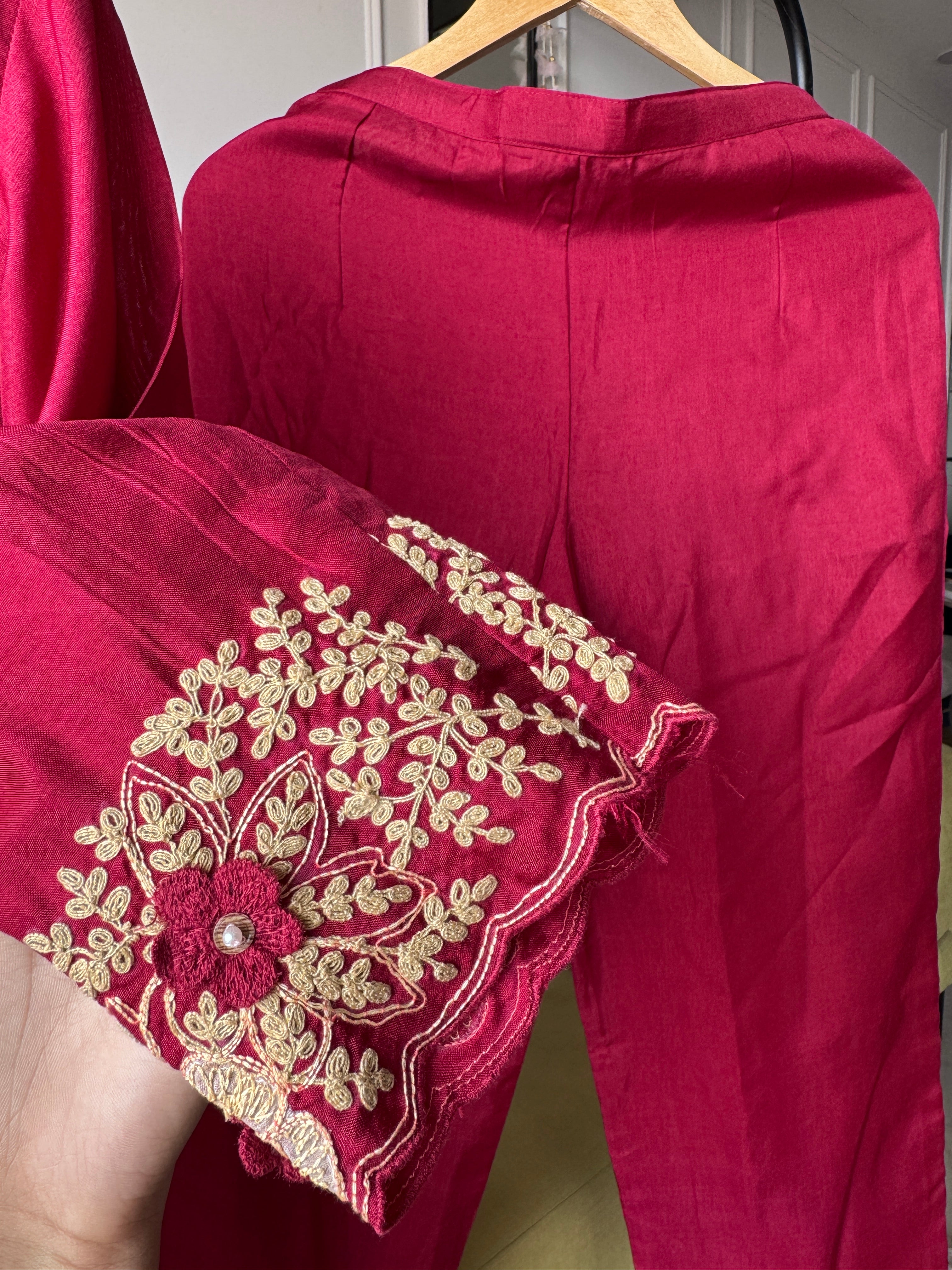 Rasika Embroided Russian  Silk Dress-Maroon