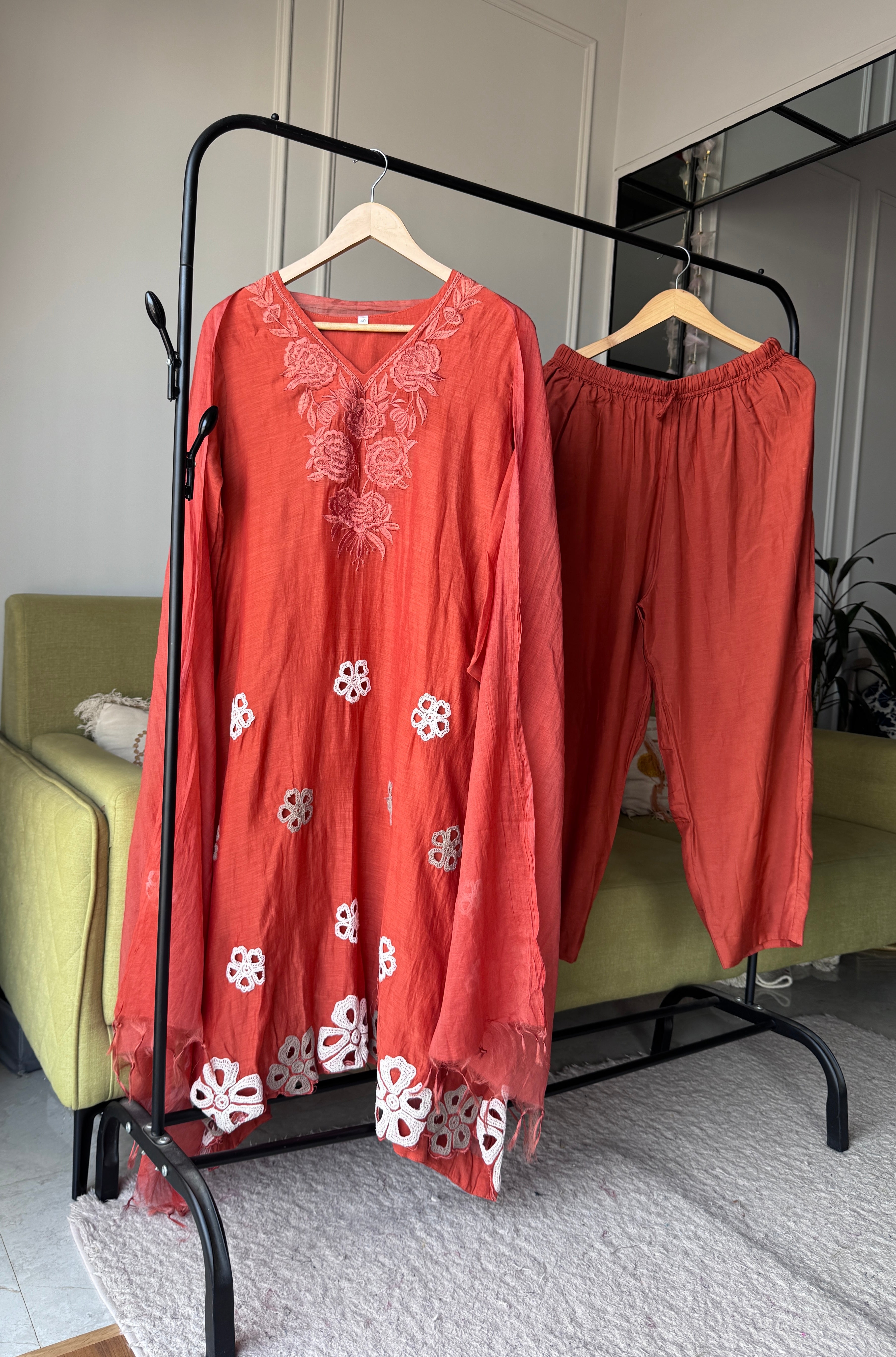 Mehek Aline Mul Chanderi Dress- Rust