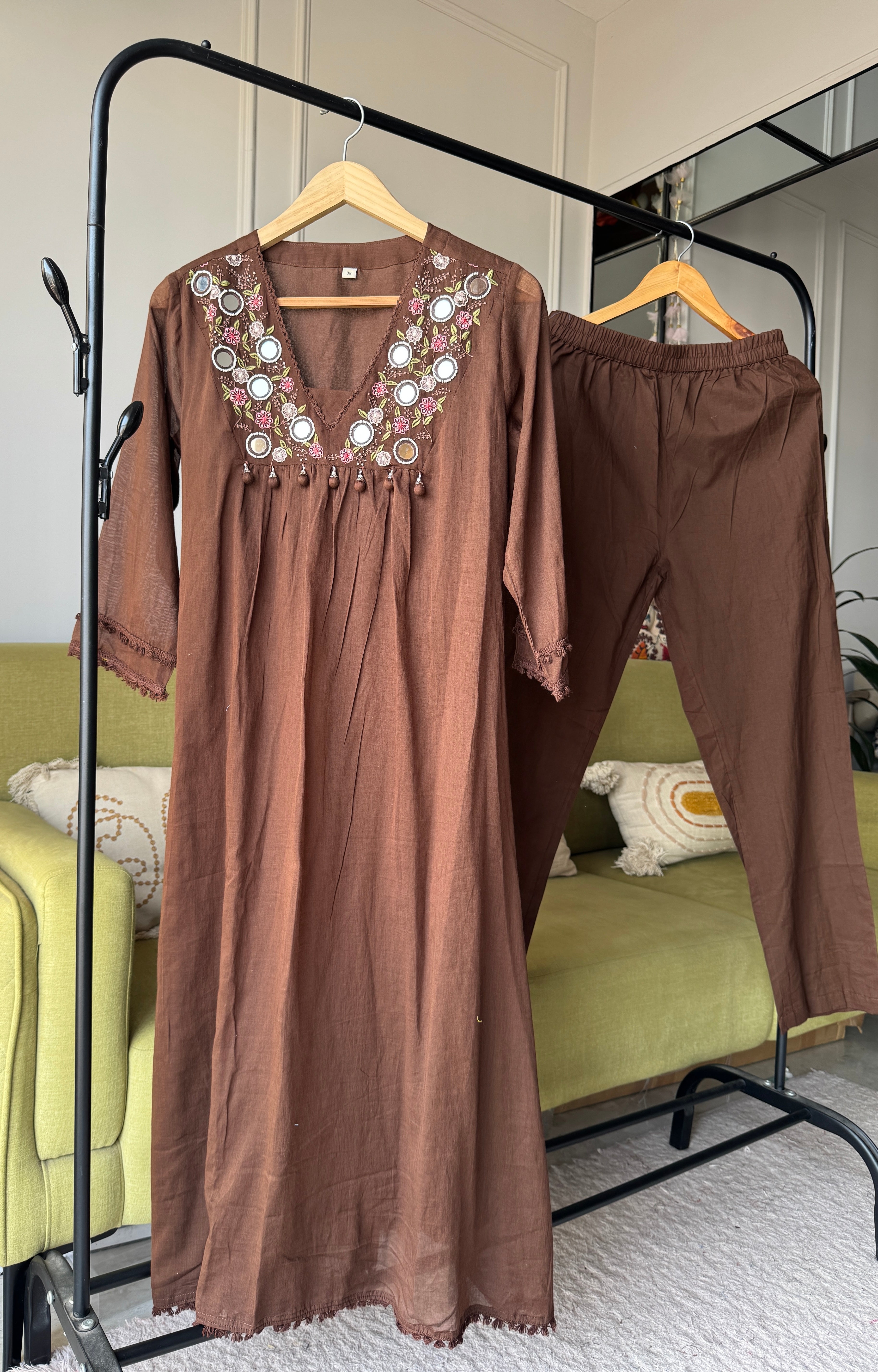 Radhika Embroided Mul Cotton Dress- Brown
