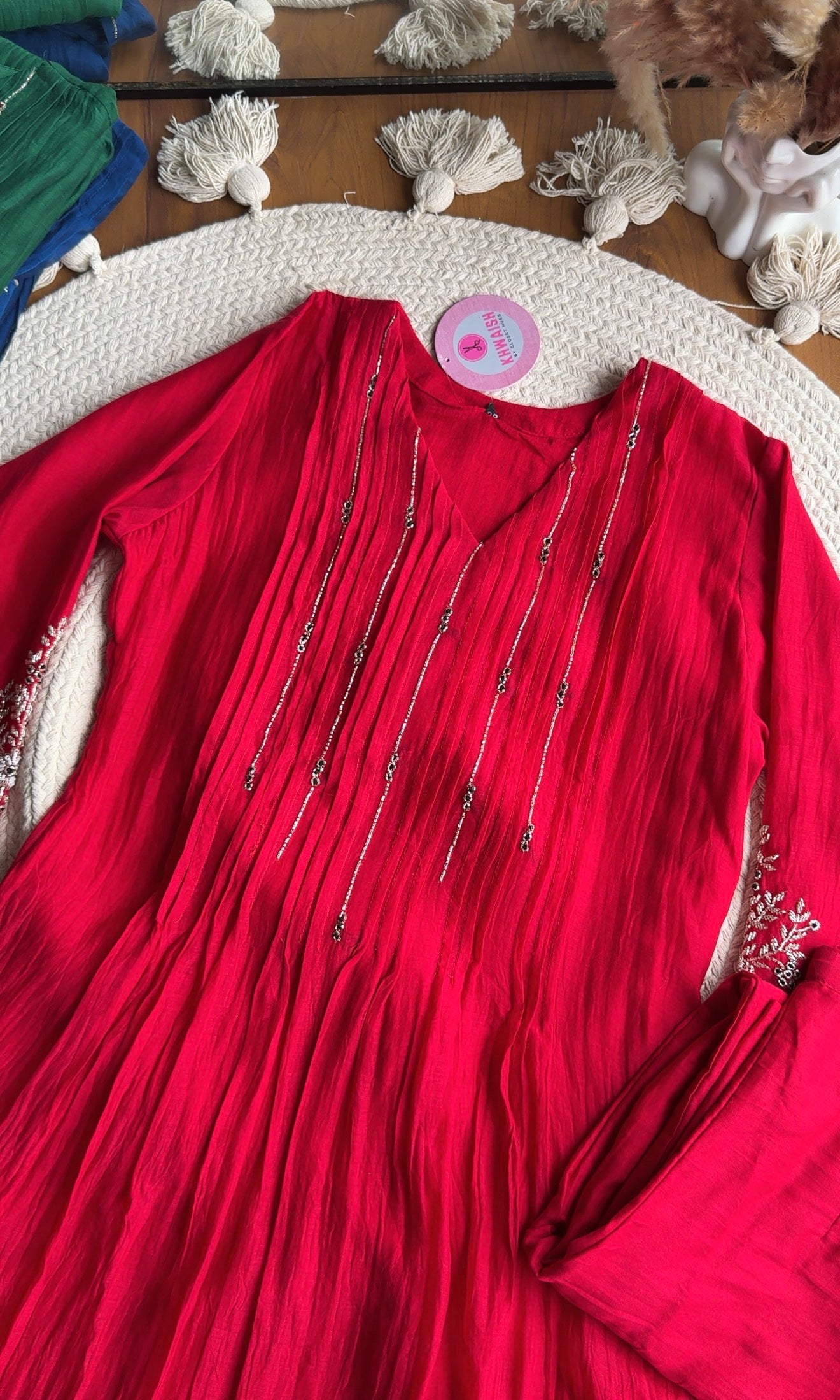Shubhi aline Mul Chanderi Hand Work Dress- Red