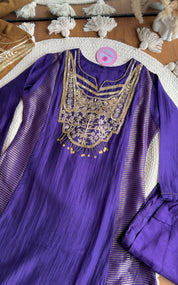 Simran Hand Zardosi Tissue And Mul Chanderi Aline Dress- Purple