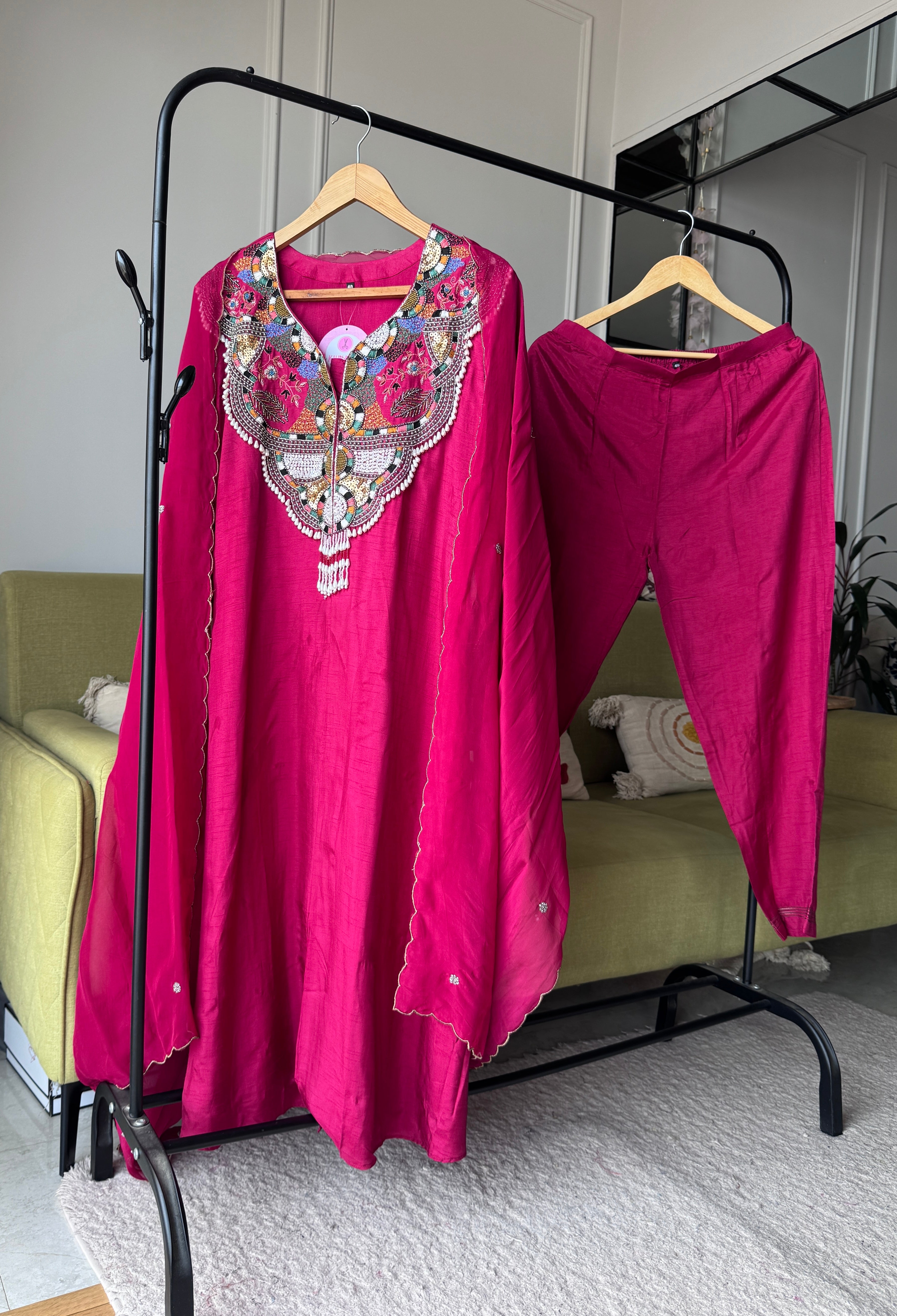 Niti Handwork Mul Chanderi Dress-Pink