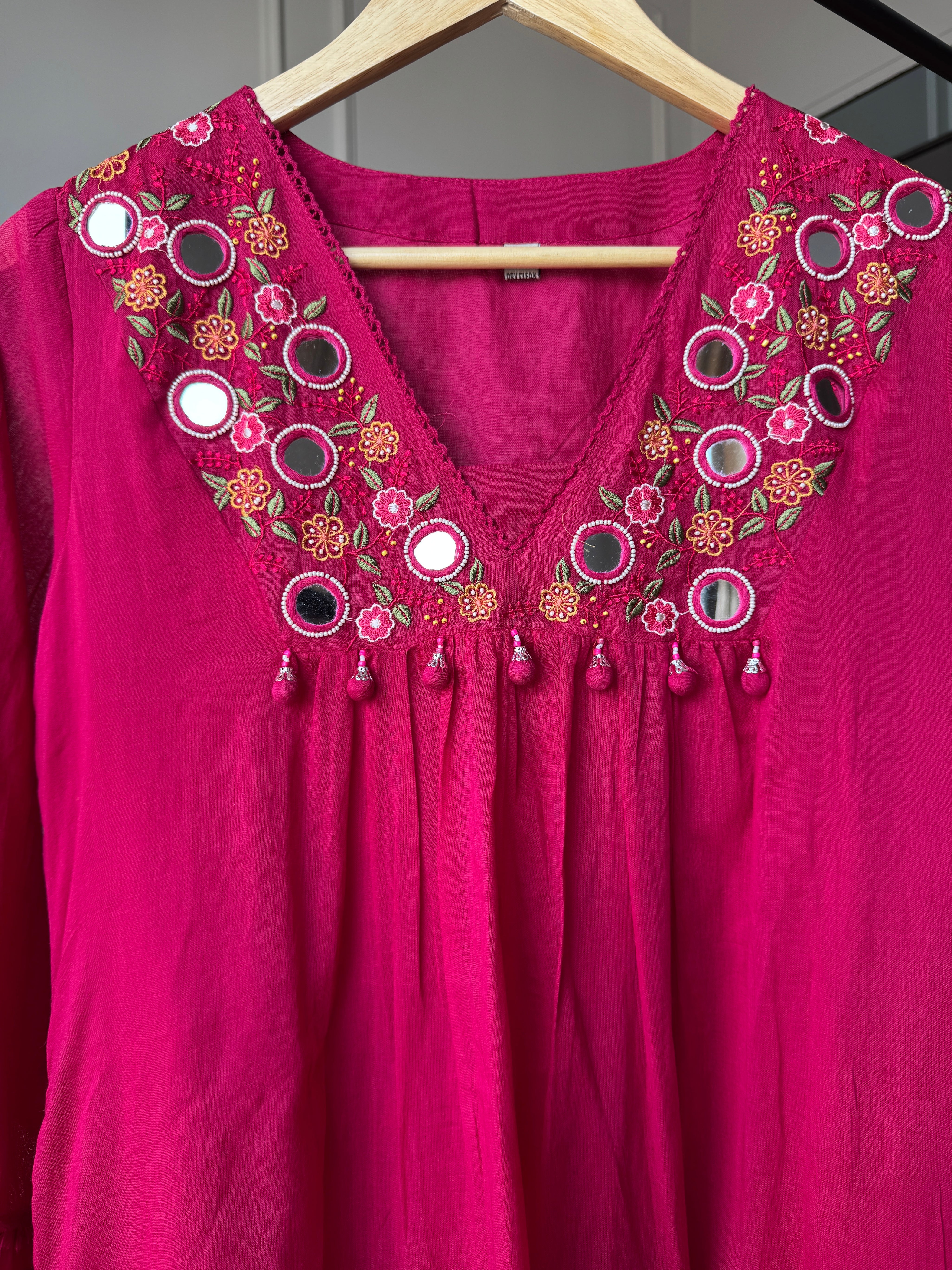 Radhika Embroided Mul Cotton Dress- Pink