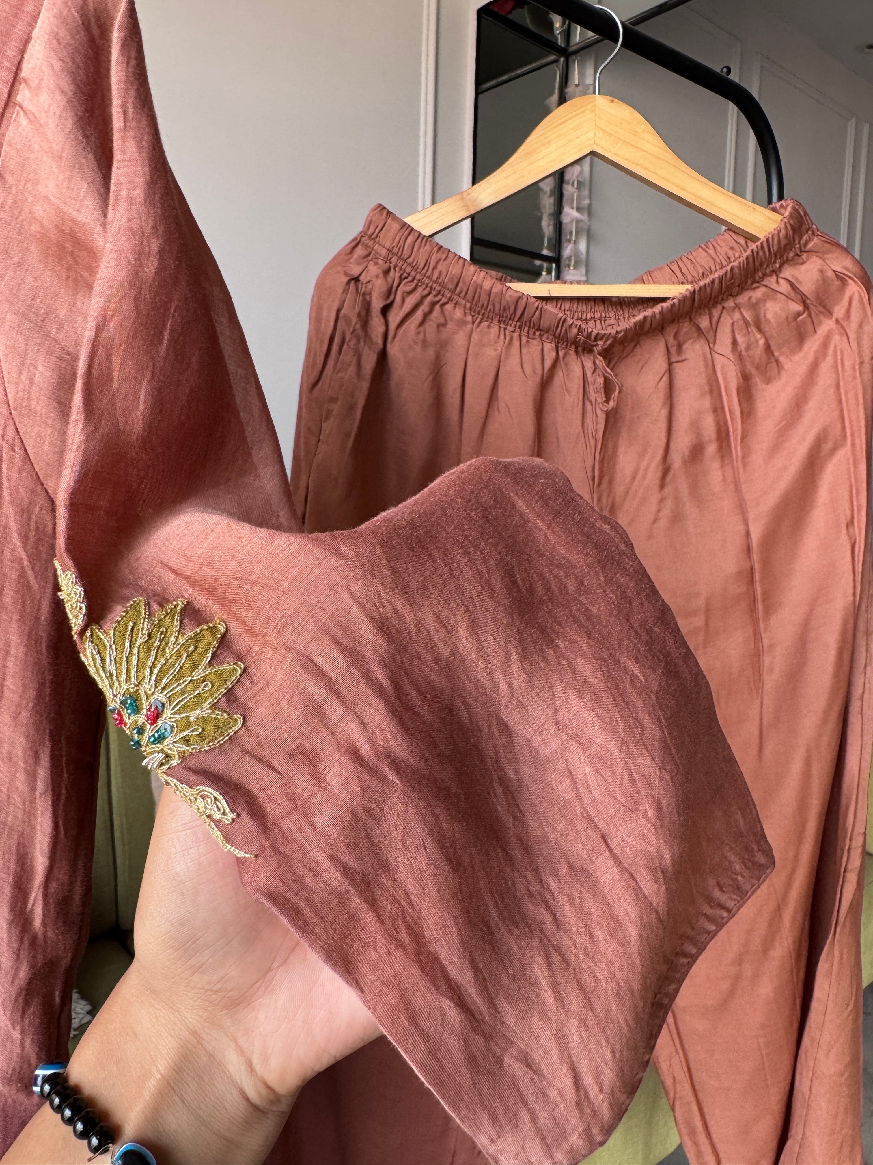 Vaibhavi Handwork Mul Chanderi Dress- Dusty Brown
