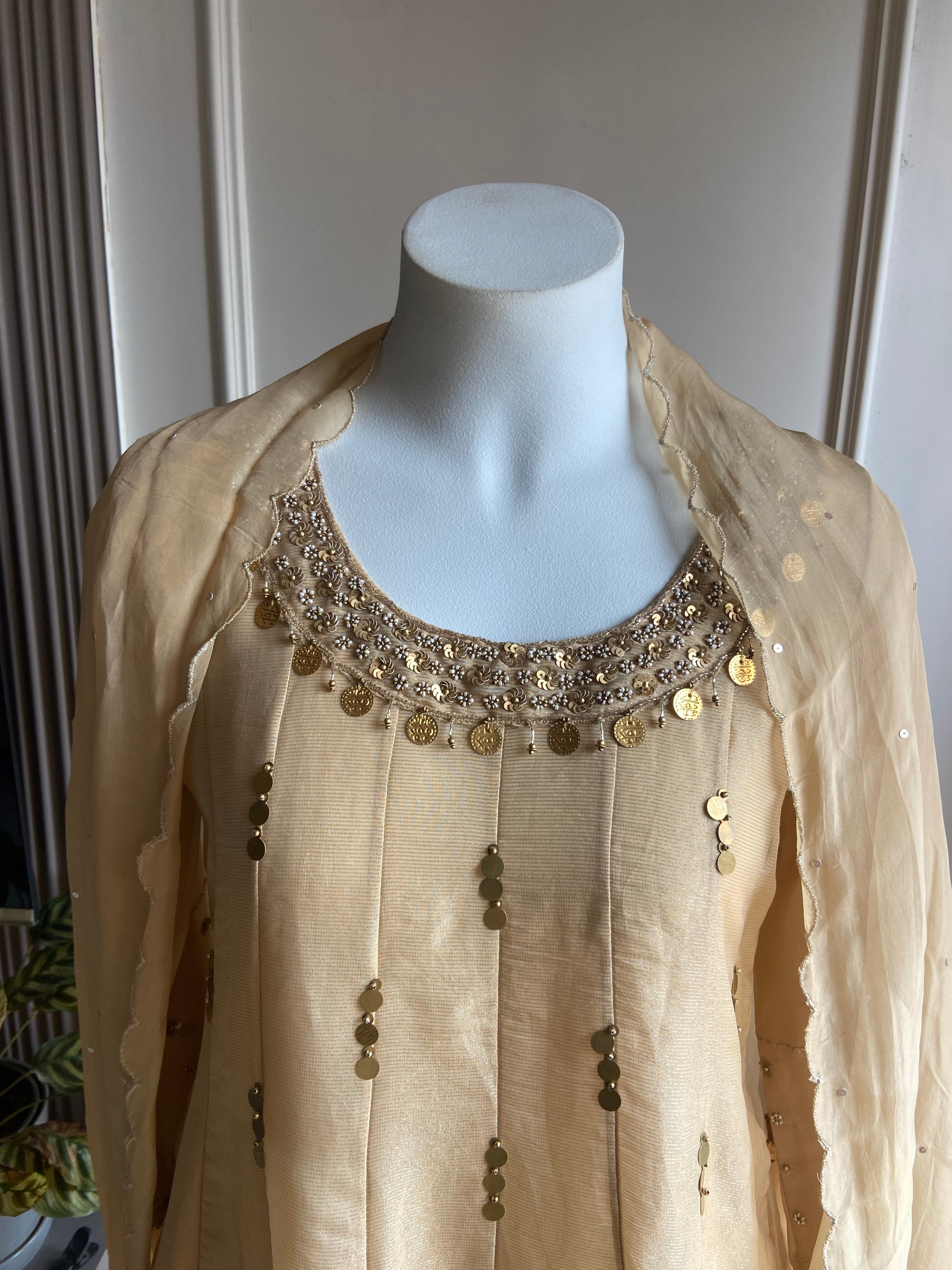 Paro tissue short kurta plazzo dress- gold