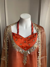 Niha Glass Tissue Mirror Work Dress- Rust