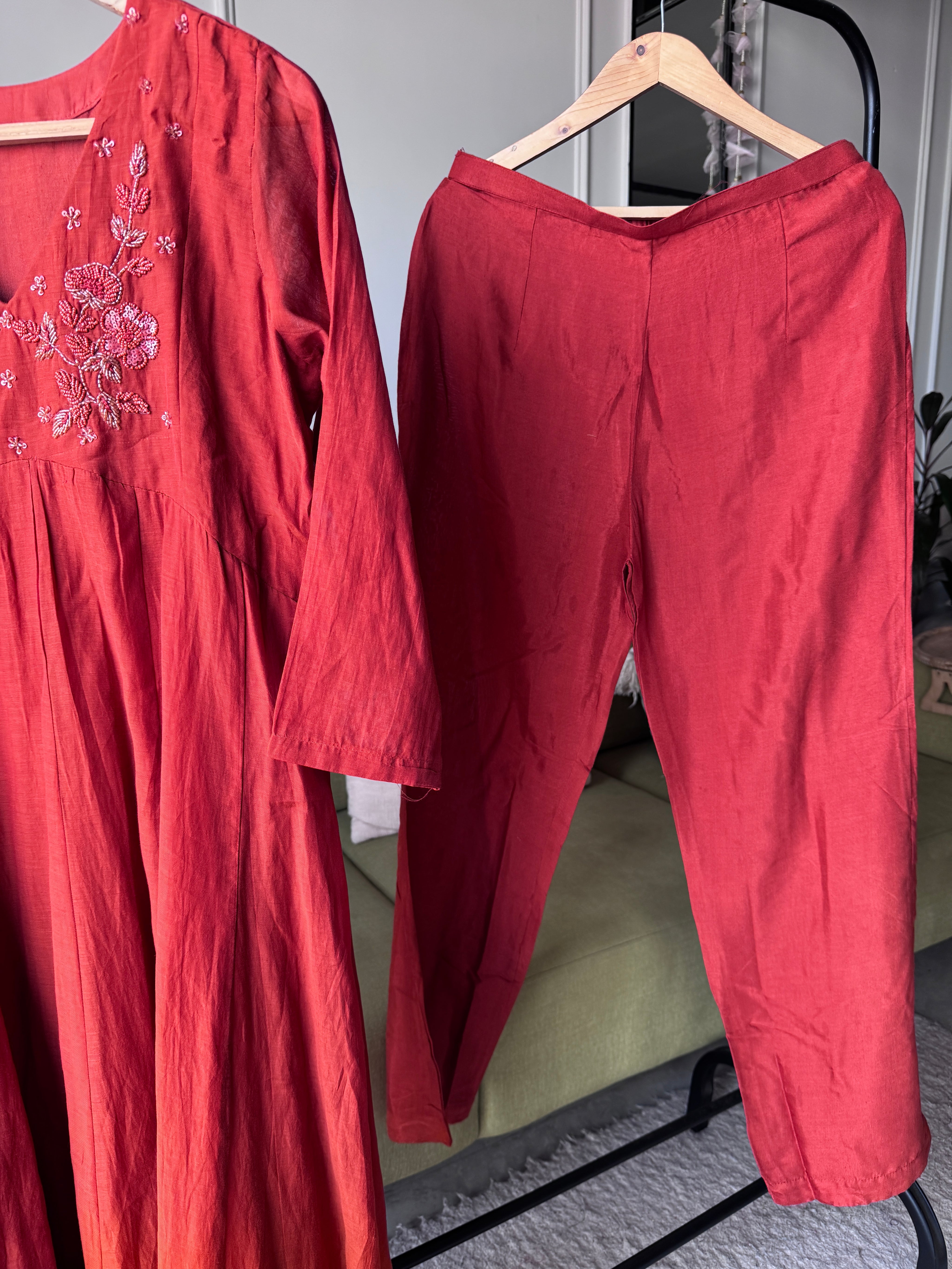 Paro  Mul Chanderi Alia Neck Handwork Dress-Rust