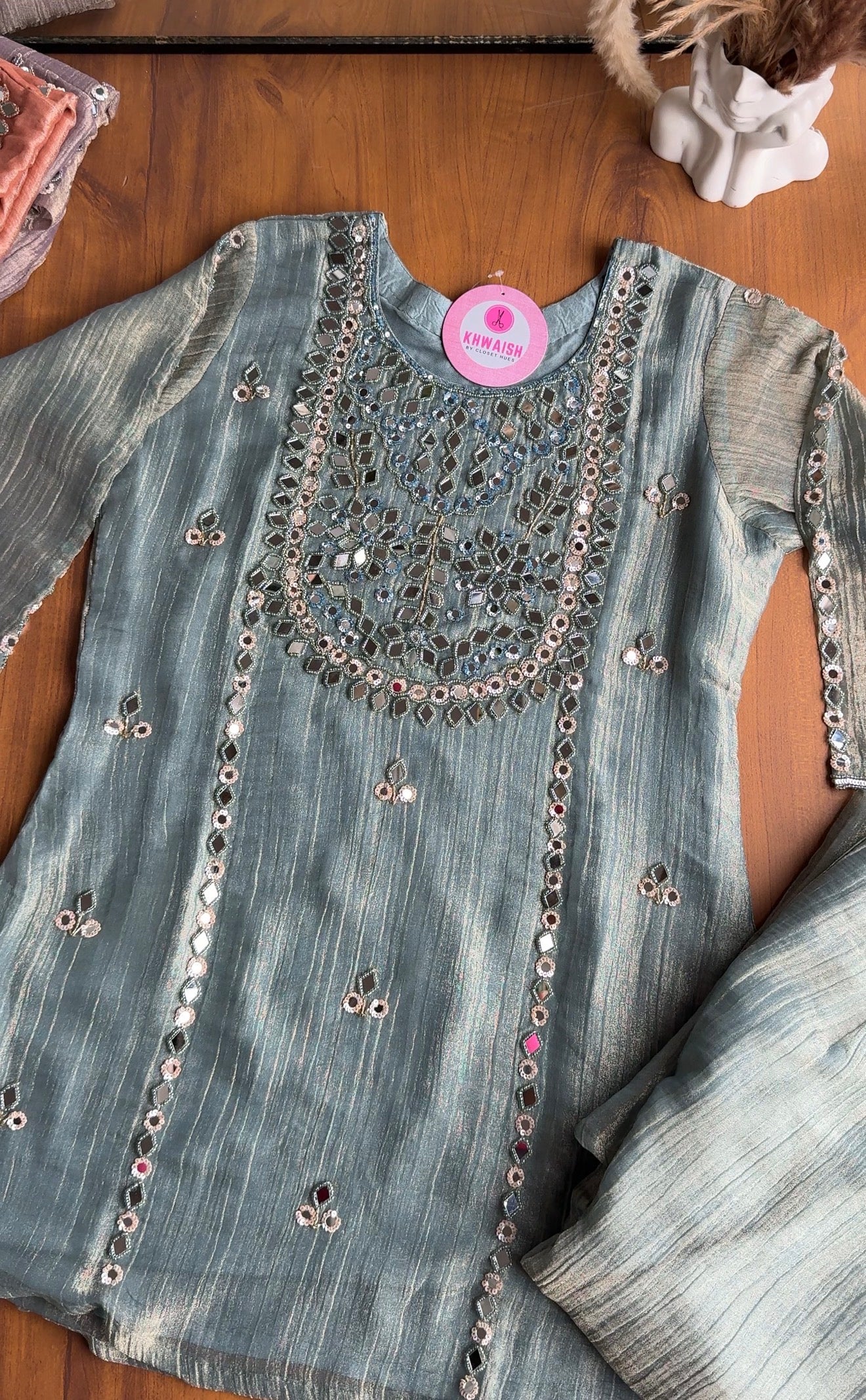 Jasmine Mirror Work Short Kurta Dress- Powder Blue