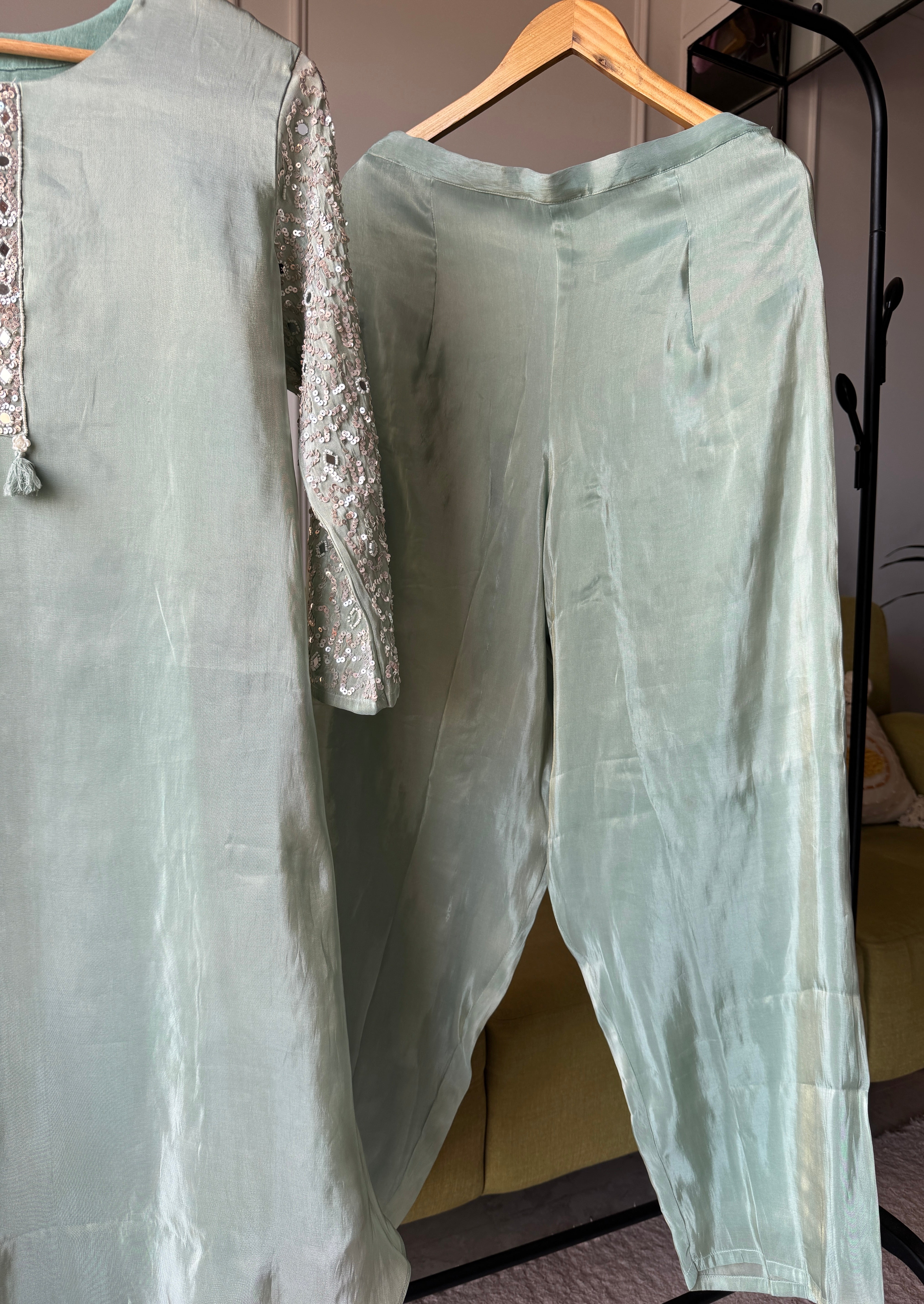 Aisha Heavy Sequin Mirror Work Tissue Organza Kurta With Plazzo