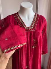 Nishtha Handwork Mul Chanderi Aline Dress- Maroon