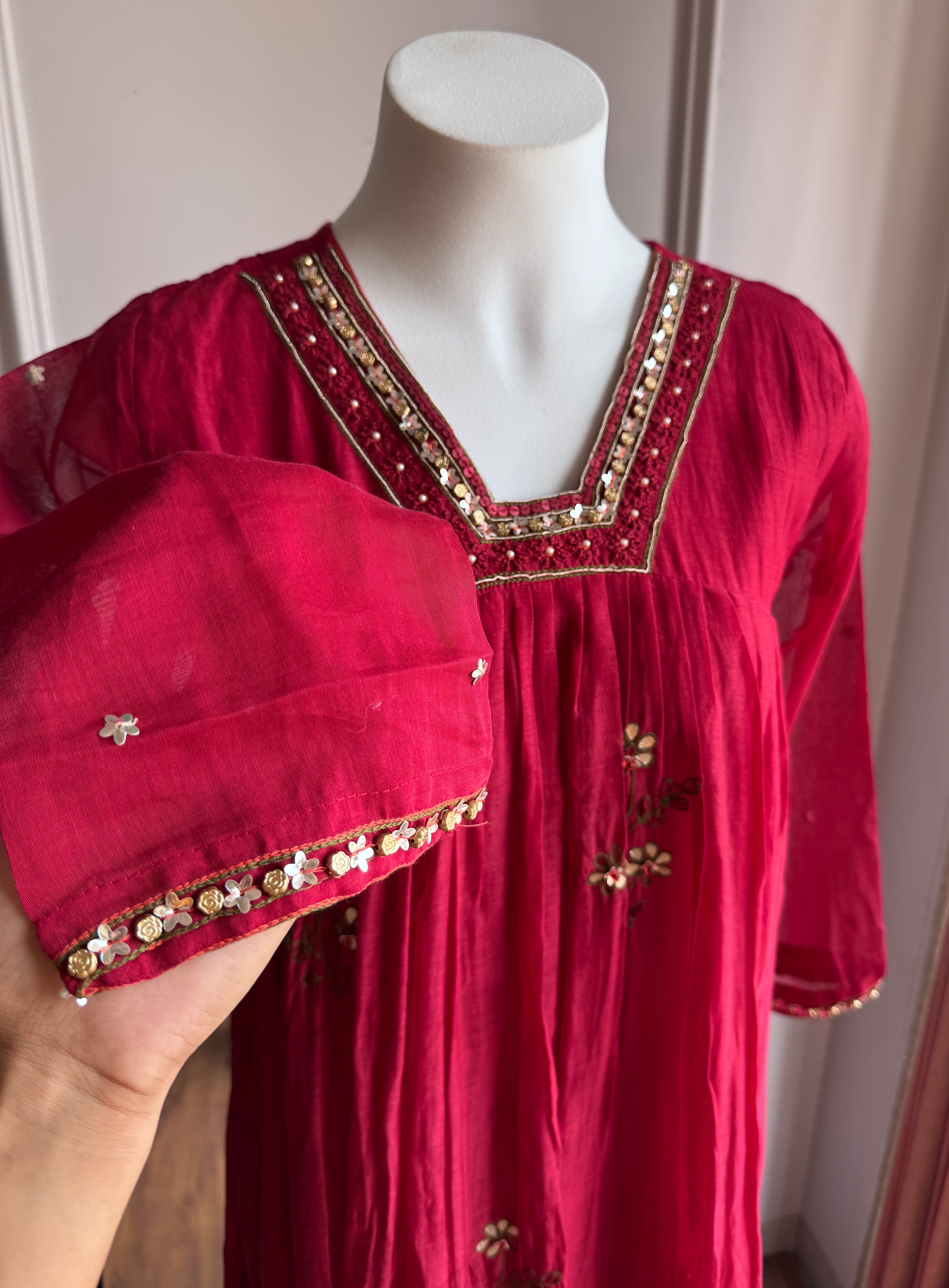 Nishtha Handwork Mul Chanderi Aline Dress- Maroon