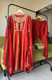 Twinkle Handwork Mul Chanderi Dress- Rust