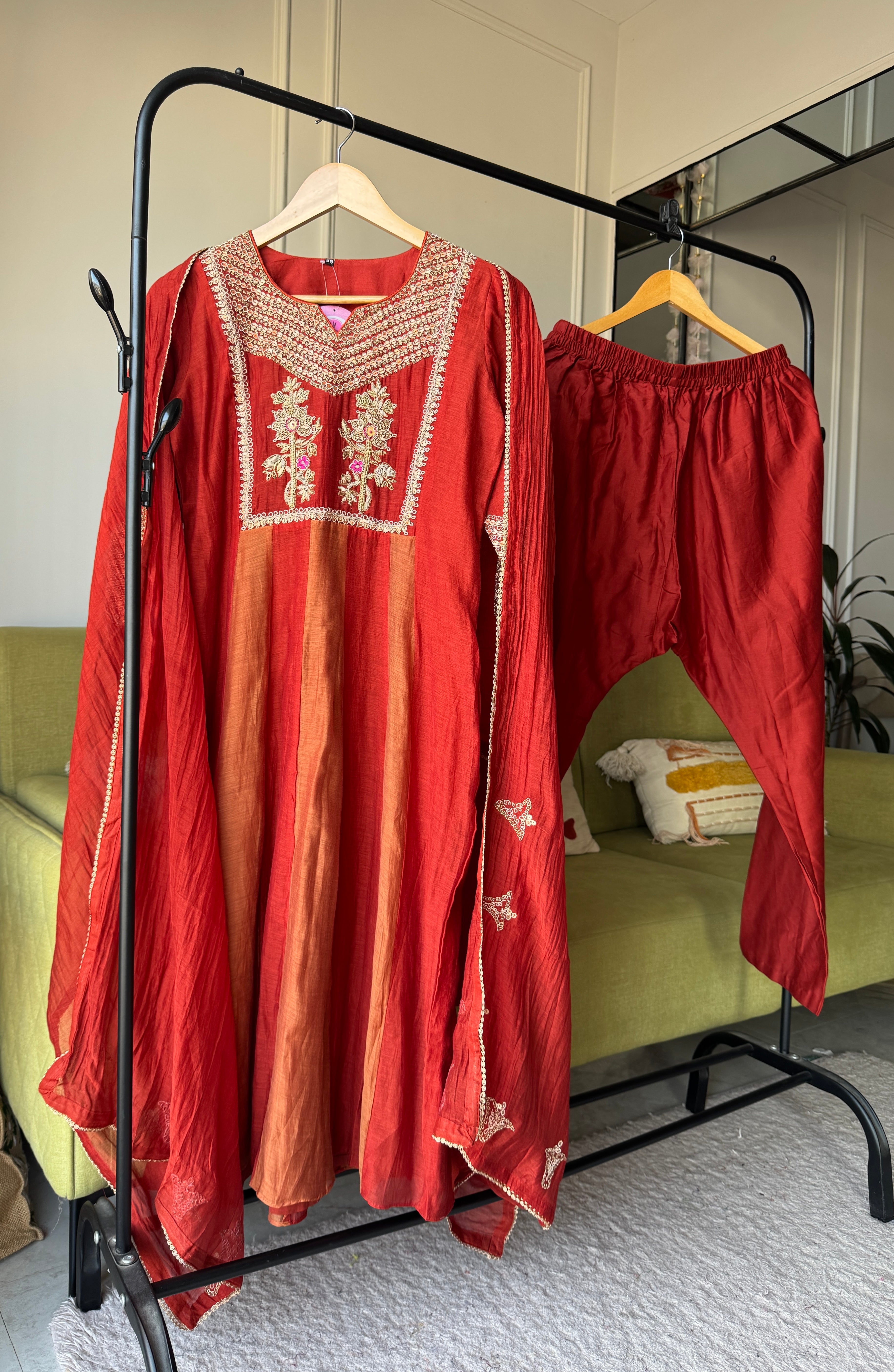 Twinkle Handwork Mul Chanderi Dress- Rust