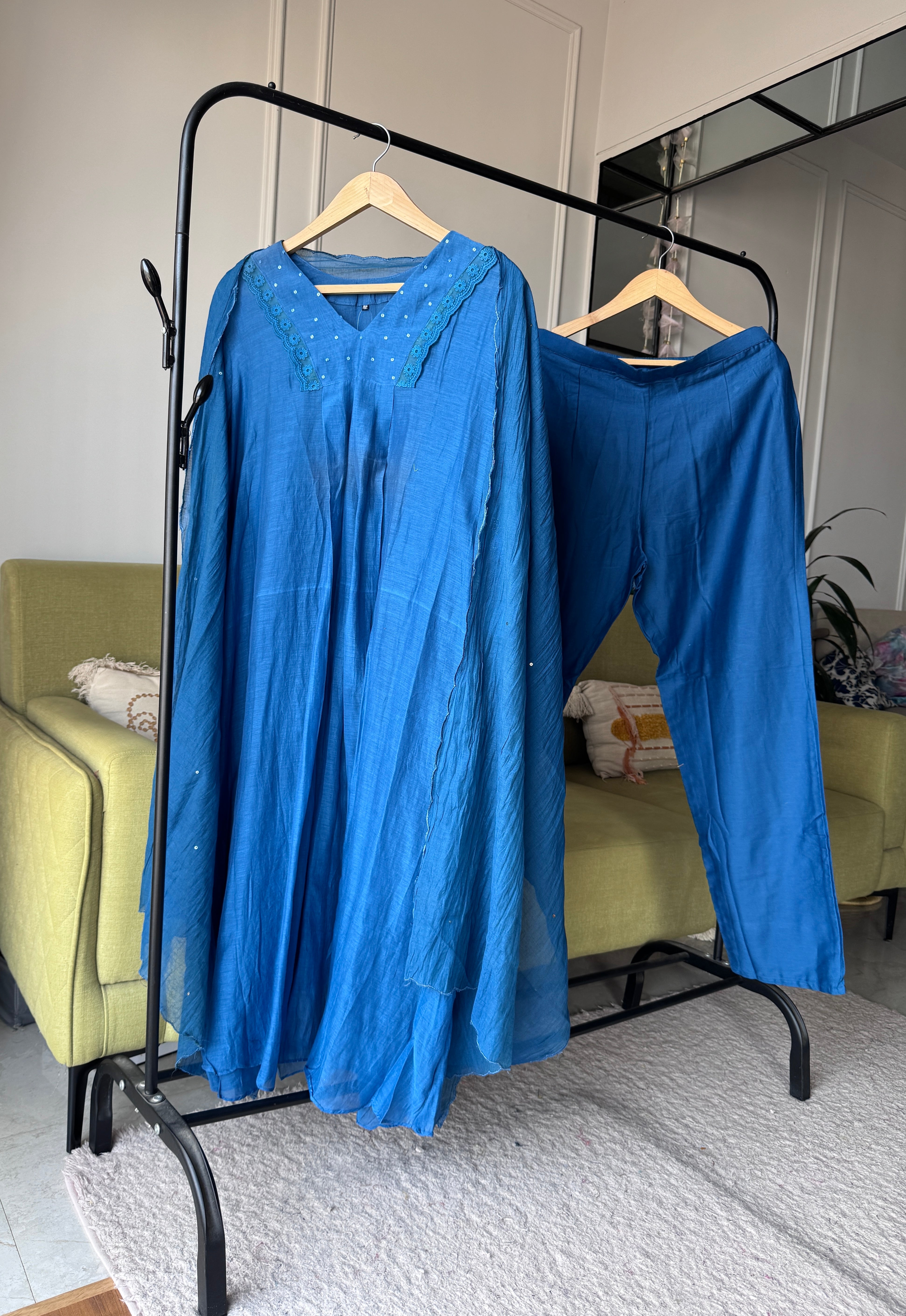 Vidhi Aline embroidered hand work sleeve mul Chanderi dress(Preorder 10 days)- Blue