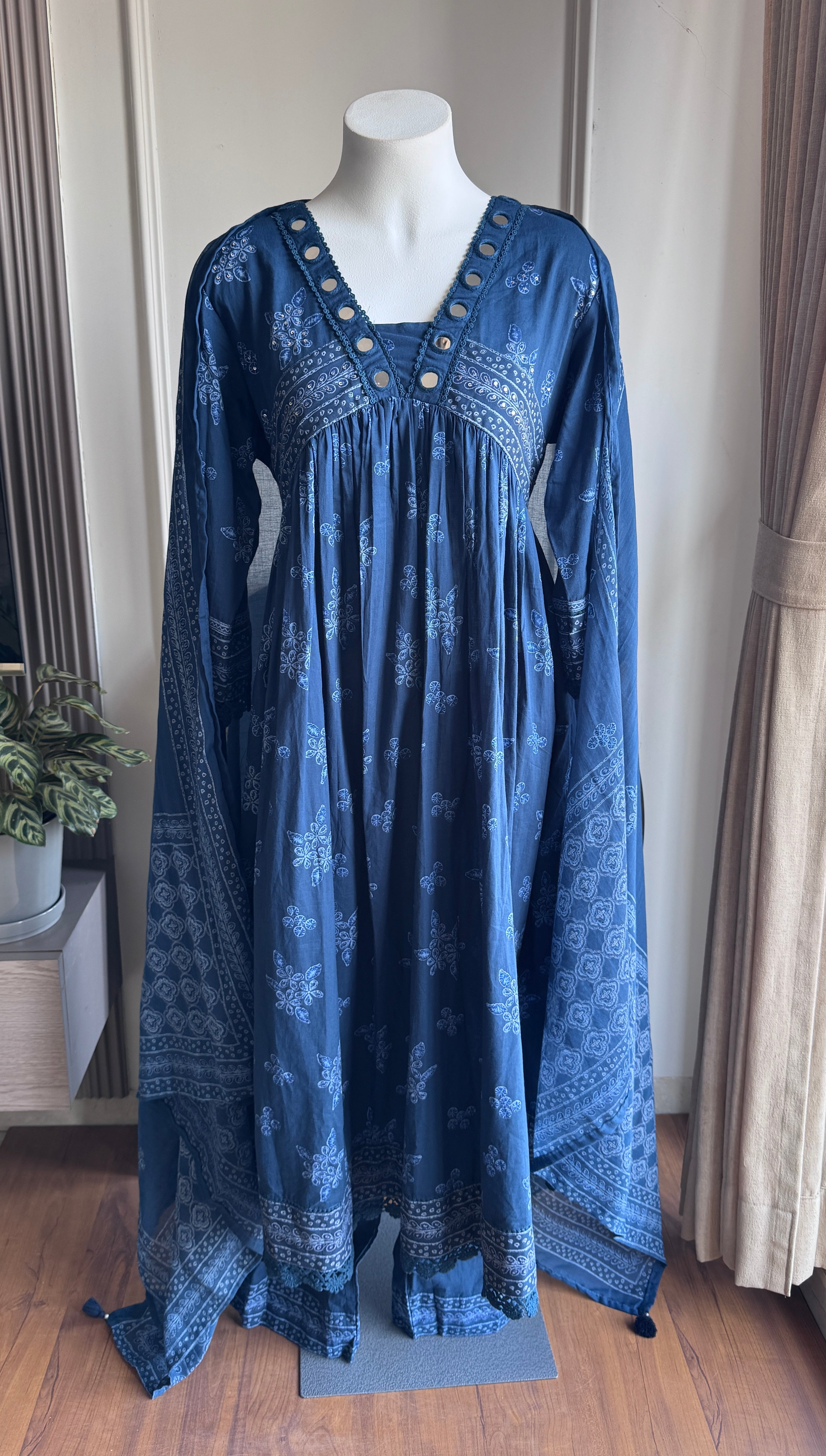 Mahi Mirror Work Anarkali Dress- Blue