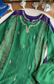 Sunaina Striped Tissue with  Mul Chanderi Dress- Green