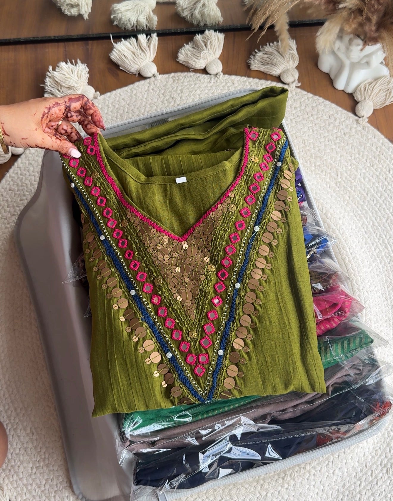 Hiya Mul Chanderi Mirror Work Dress- Green
