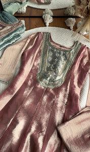 Jasleen Handwork Tissue Organza Anarkali Dress- Pink With Green Contrast
