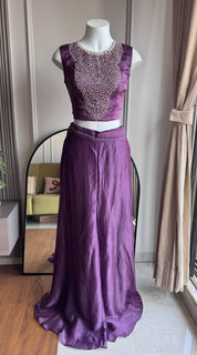 Zheel Handwork Bustier With Short Kurta And Plazzo Pants- Purple (Make to Order)