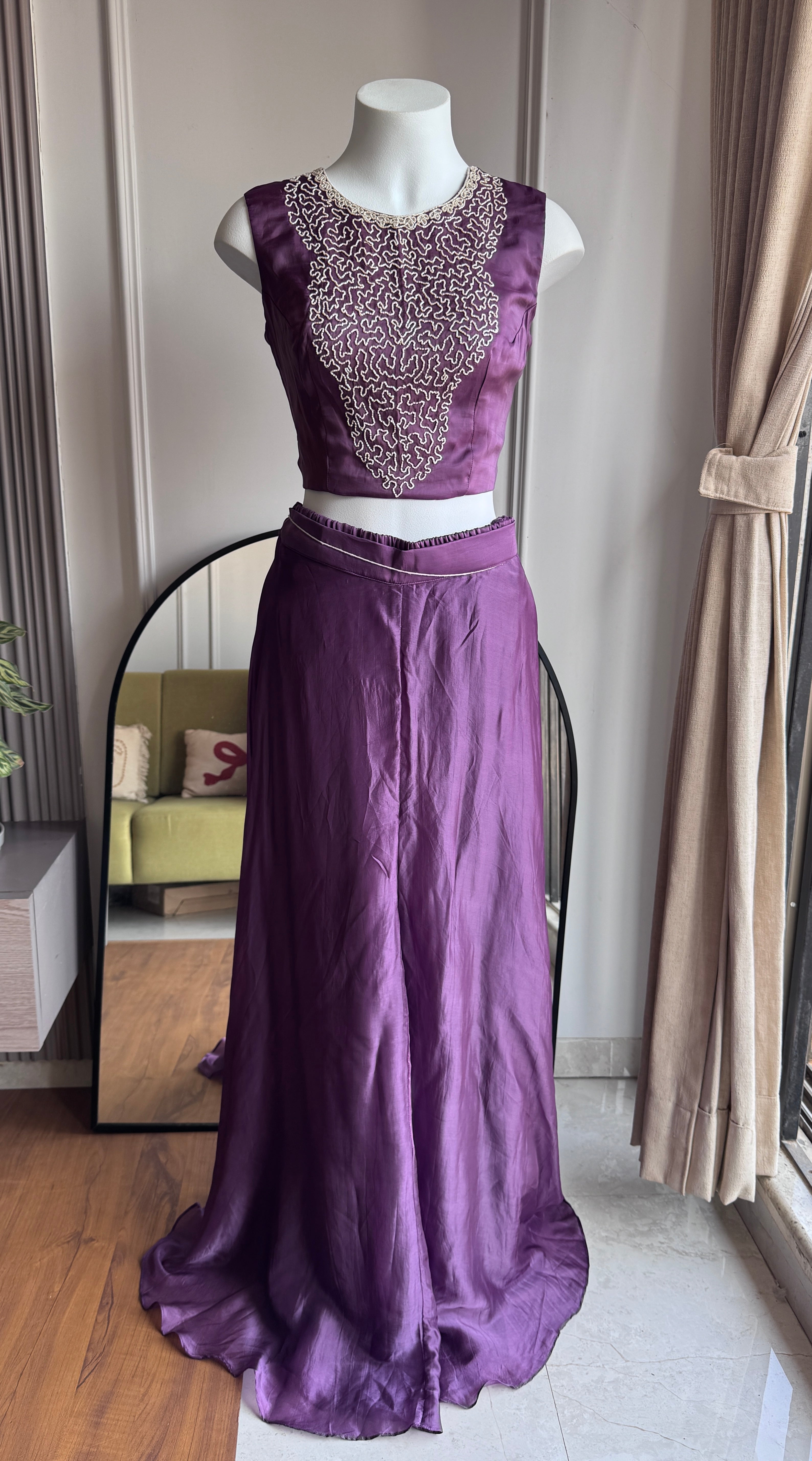 Zheel Handwork Bustier With Short Kurta And Plazzo Pants- Purple (Make to Order)