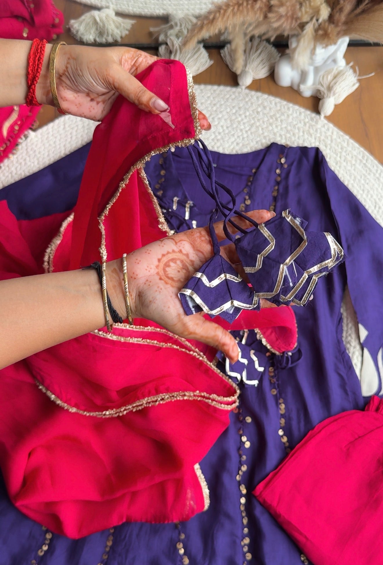 Tanisha Sequins All Over Scalloped Finishing DressWith Contrast Pants And Dupatta- Reddish Pink