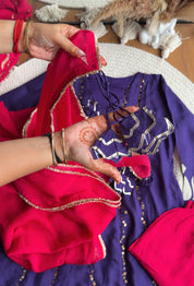 Tanisha Sequins All Over Scalloped Finishing DressWith Contrast Pants And Dupatta- Reddish Pink