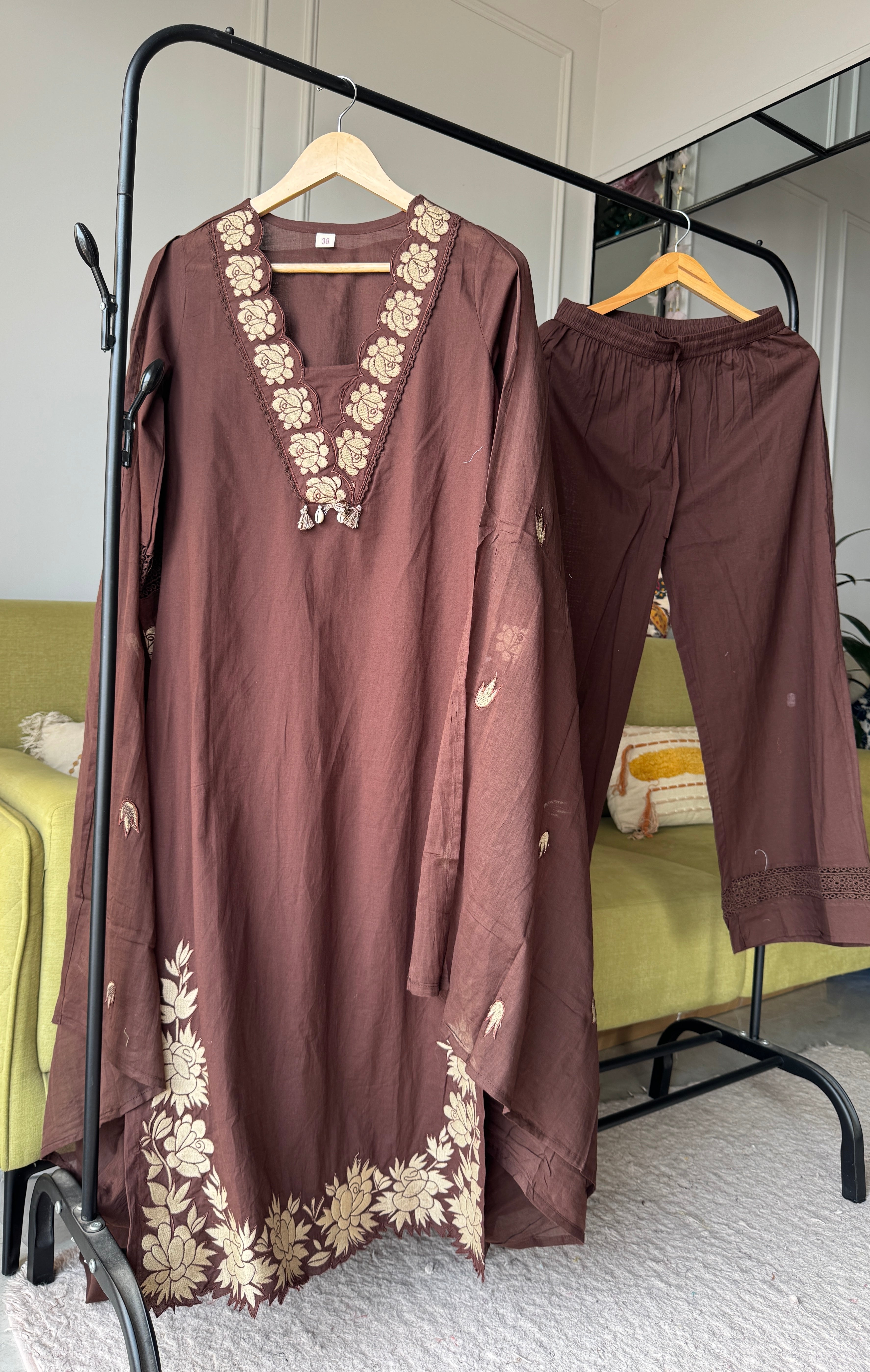 Monika Scalloped Neck Embroided Dress- Brown