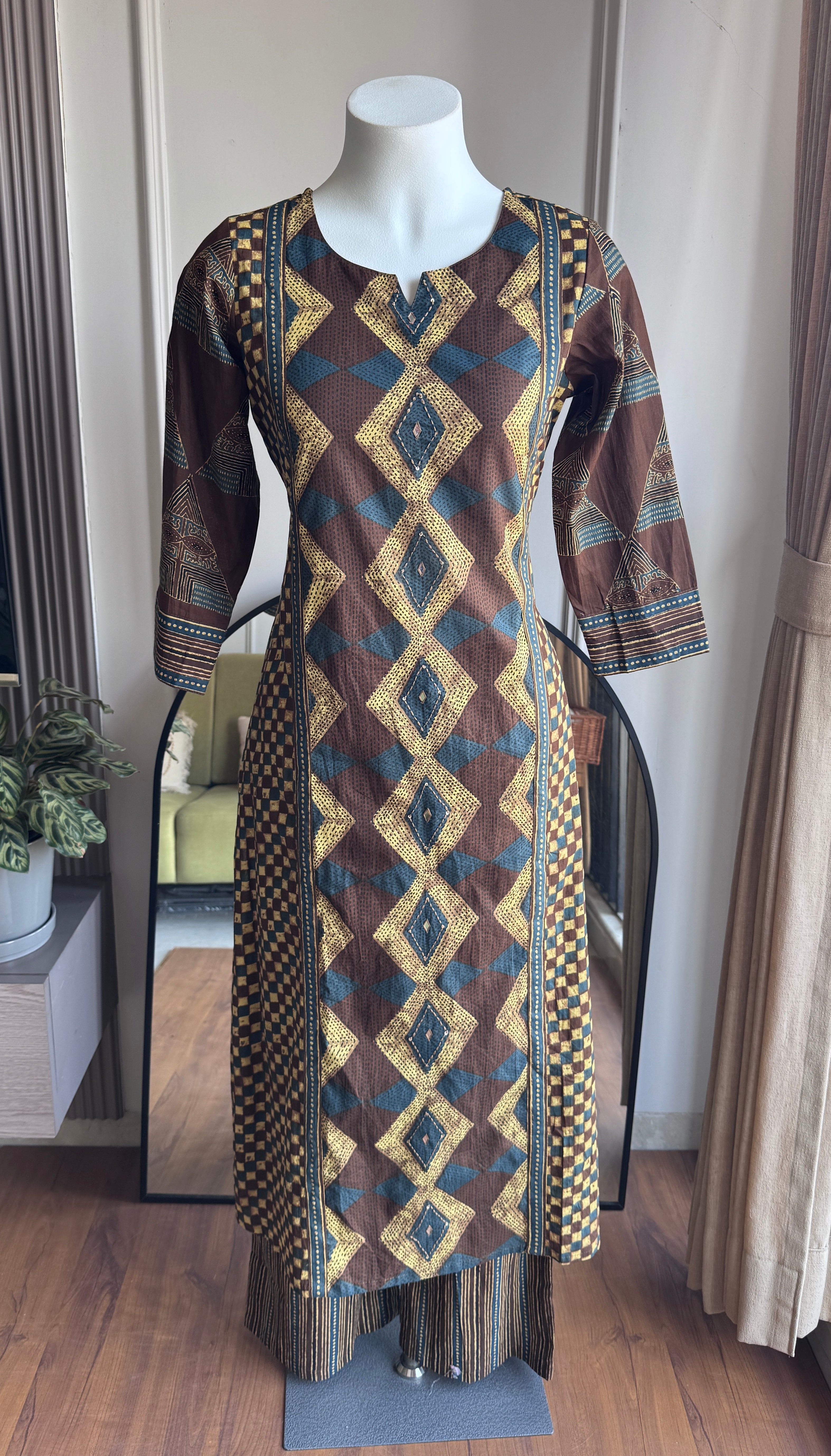 Heer Chequered Cotton Dress-Brown