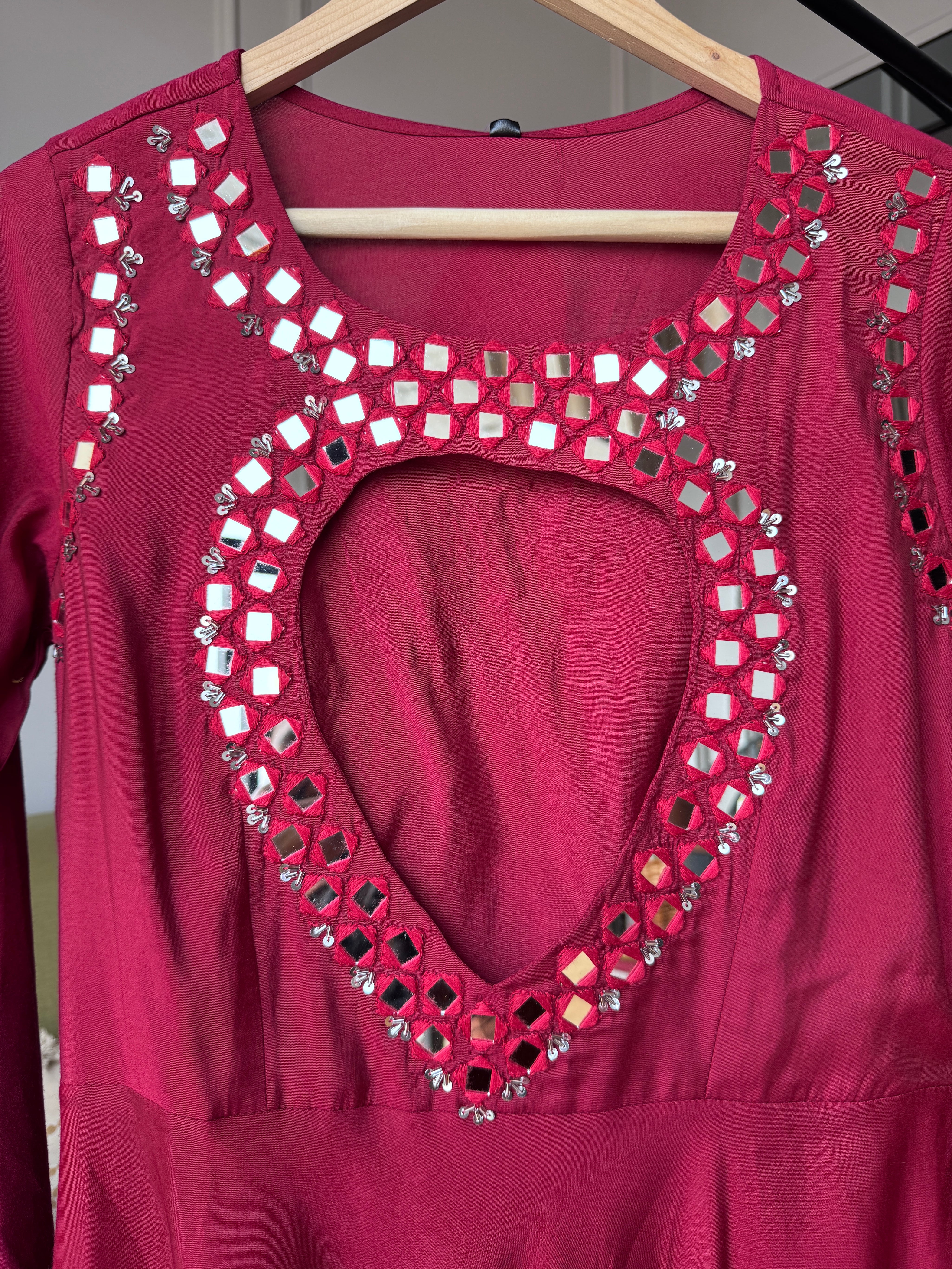 Kainat Muslin Mirror Work Dress- Maroon