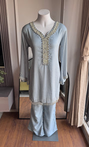 Siyu Tissue Short Kurta With Pant Dress- Dusty Blue