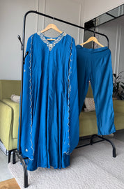 Kajal Handwork Mul Chanderi Anarkali Dress-Blue