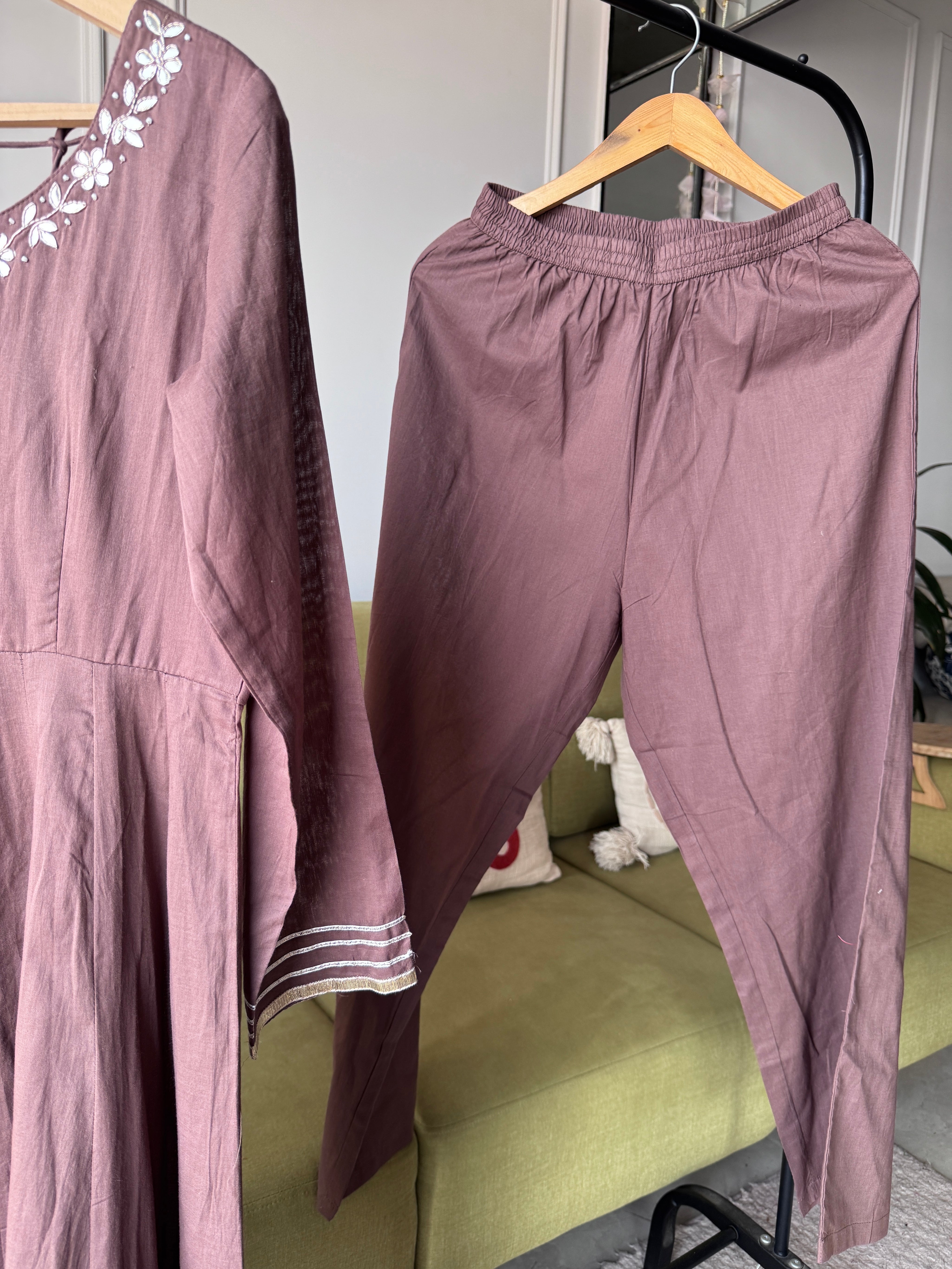 Kapila Cotton Anarkali With Tie Back Pillow Tassels  - Brown