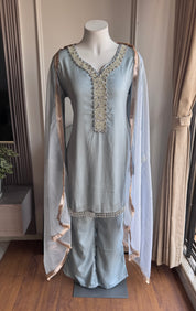 Siyu Tissue Short Kurta With Pant Dress- Dusty Blue