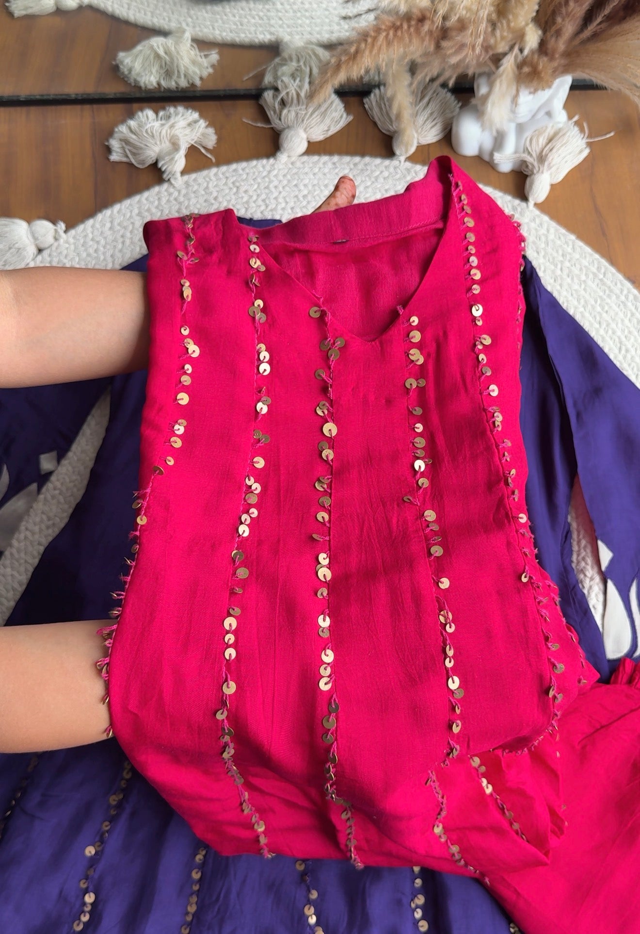 Tanisha Sequins All Over Scalloped Finishing DressWith Contrast Pants And Dupatta- Reddish Pink