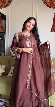 Priya Mul Chanderi With Handwrok Dress- Brown