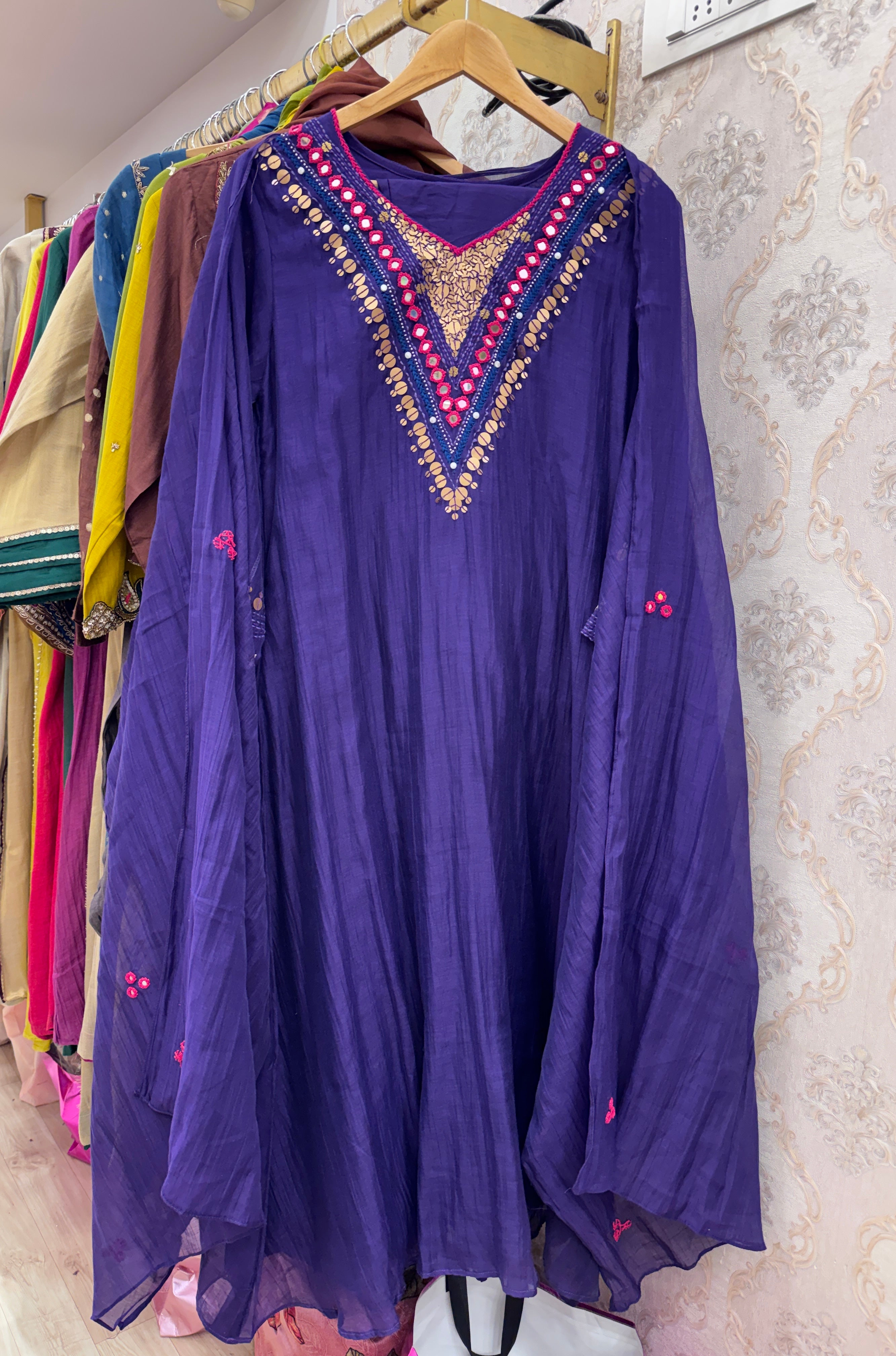 Hiya Mul Chanderi Mirror Work Dress- Purple