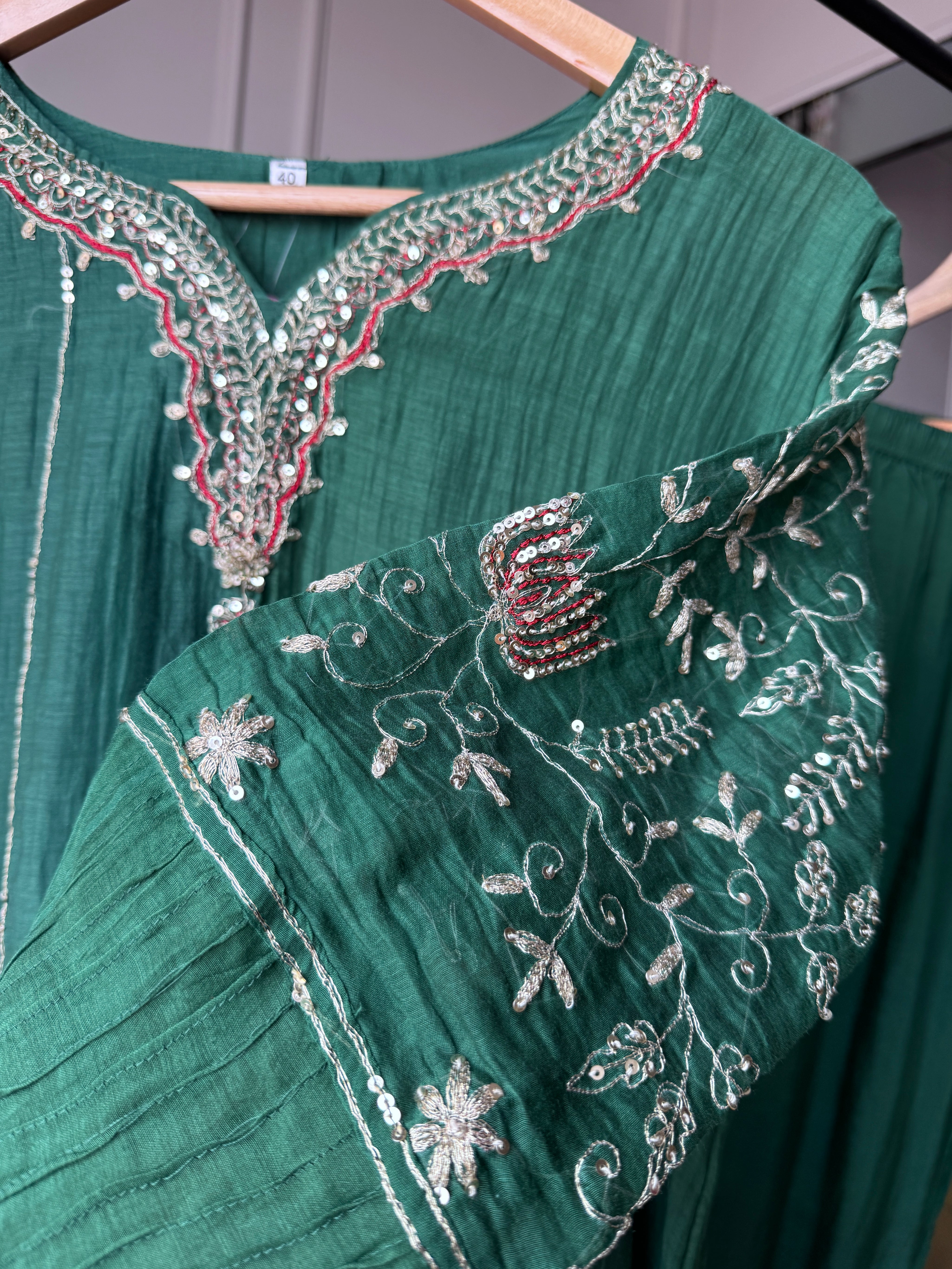 Megha Handwork Mul Chanderi Dress- Green