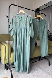 Shrishti Embroided Mul Chanderi Dress- Rama Green