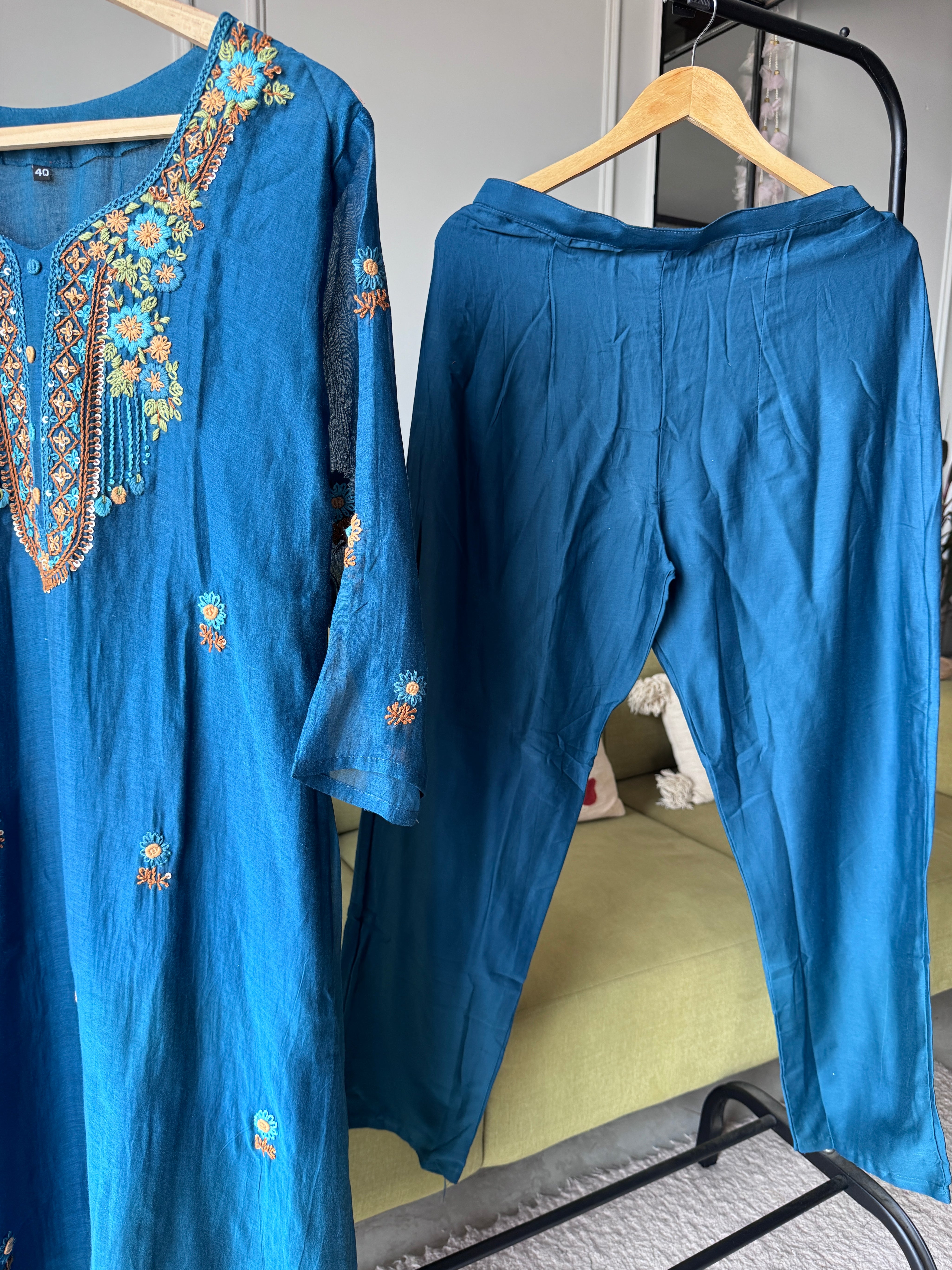 Shilpa Embroided Mul Chanderi Dress-Blue